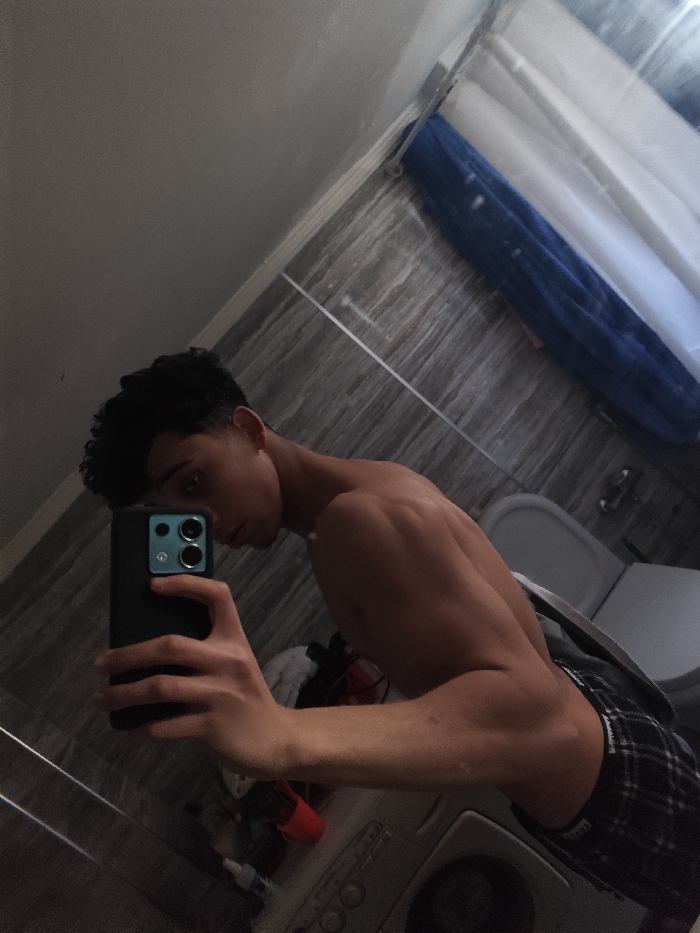 A young male is depicted in a mirror selfie taken within a bathroom located in As-Salihiya Municipality, Syria. The subject, shirtless and wearing dark plaid boxer shorts, has dark, curly hair and a muscular physique visible in his upper torso and arms. He holds a black smartphone, featuring a triple-lens camera system with light-blue accents, angled to capture his reflection. The bathroom environment, visible in the mirror, includes a white toilet with a grey seat, a wall-mounted faucet, and a shower area with a blue and white curtain. The floor or lower wall sections are covered in grey, patterned tiles. A white front-loading washing machine is partially visible in the lower right quadrant, positioned near a red cup, a white bottle, and a stack of clothing or towels.