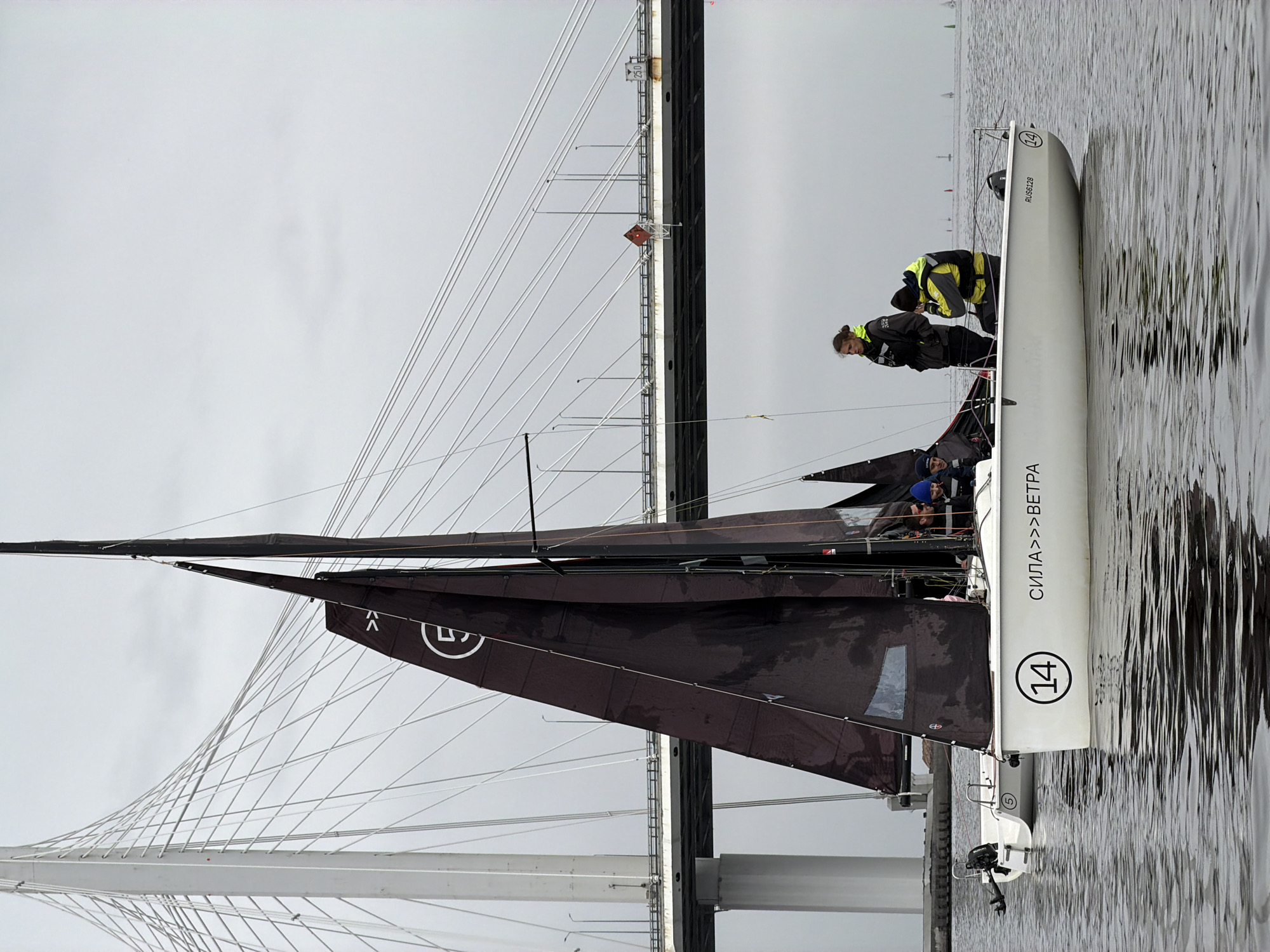 The scene depicts a sailboat, likely a racing yacht, with a crew of at least three individuals in action, with a large modern suspension bridge in the background. The location appears to be in Saint Petersburg, Russia, judging by the architecture of the bridge, which resembles the cable-stayed bridges found in the city. The sailboat is prominently numbered "14" on its hull and bears Cyrillic text. One crew member is seen on deck, while others are seated and actively managing the sails. The sky is overcast, suggesting a cloudy day, and the water is rippled, indicating slight wind conditions. The overall impression is a regatta or sailing event is taking place under a landmark bridge.