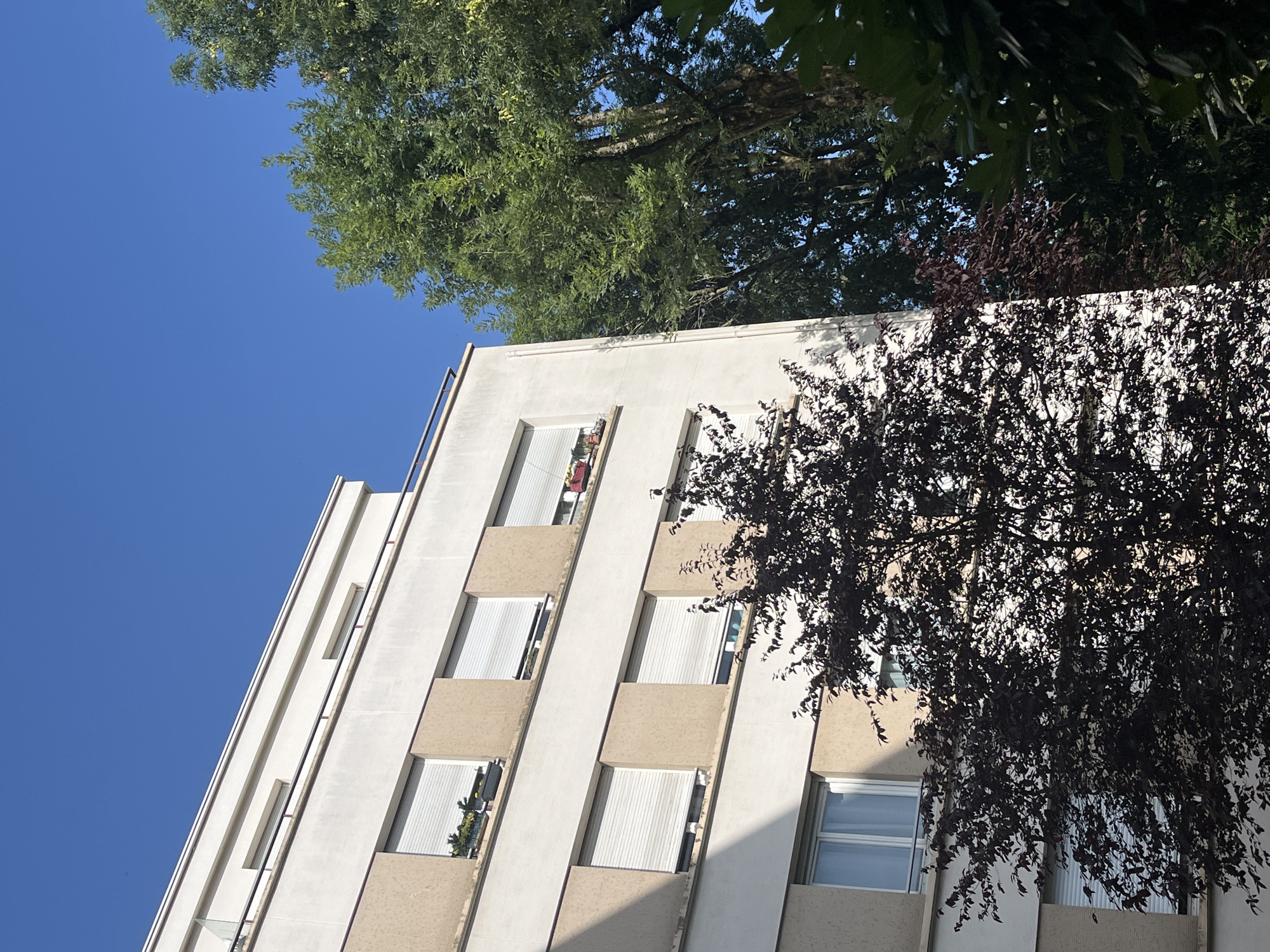 A medium shot shows a residential building in L'Haÿ-les-Roses, France, on a clear day. The building has a facade of beige and cream-colored panels, with multiple windows, many of which are covered by white rolling shutters. Some windows on the upper floors have planters with small green plants. A railing runs along the top of the building and balconies. To the right of the building are lush green trees, and in the foreground, a dark-leaved tree partially obscures the building. The sky above is a vivid, cloudless blue.