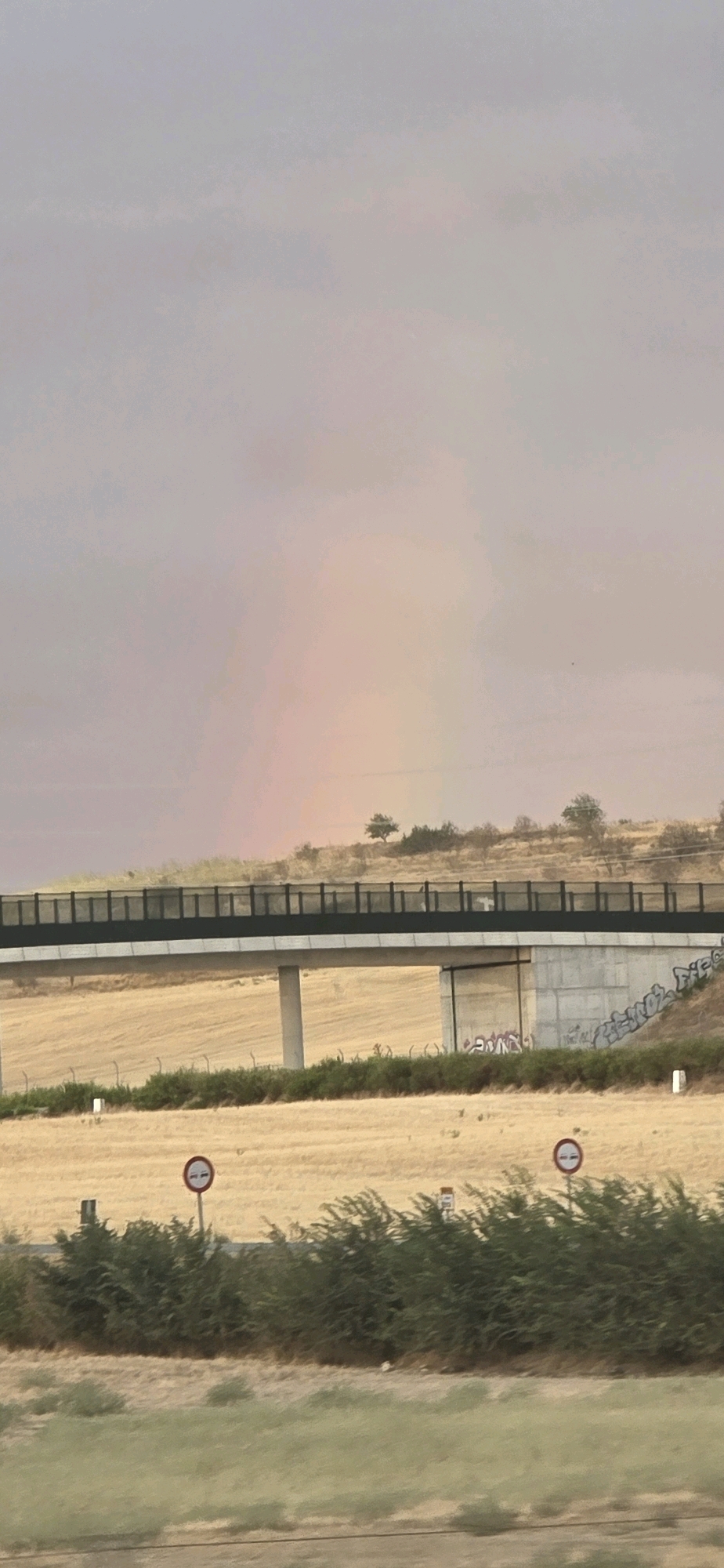 The image shows a landscape with a modern overpass in the foreground, crossing a dry, golden field. The overpass has a dark railing and is supported by concrete pillars. The field appears to be agricultural, possibly harvested. In the distance, a gentle hill rises, dotted with sparse trees and vegetation. The sky is a soft, hazy grey with a subtle pinkish hue, hinting at either sunrise or sunset. A faint rainbow is visible in the sky above the hill.
The specific location is identified as Falces, Spain. Traffic signs with a red circle and a horizontal line are visible near the bottom of the frame, indicating a prohibition. One sign appears to depict two vehicles, suggesting a "no vehicles" or "no through traffic" restriction. Graffiti is present on the concrete support of the overpass. The overall impression is a rural or semi-rural scene captured during a time of day with atmospheric conditions that create soft light and a rainbow.