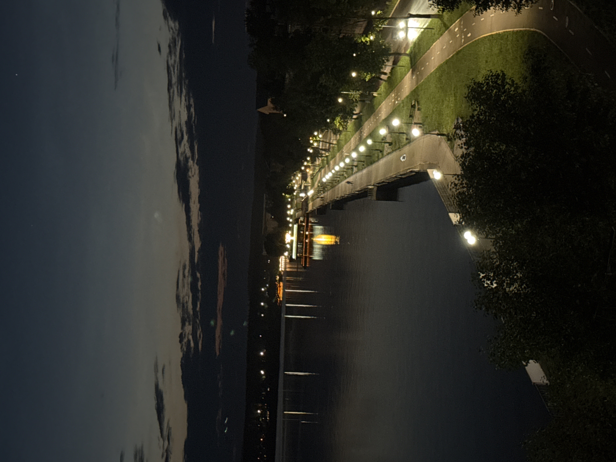 The image depicts a nighttime scene along a waterfront promenade in Votkinsk, Russia. A calm body of water reflects the lights from the city and the promenade. The promenade is illuminated by a series of evenly spaced lampposts, creating a well-lit path alongside a grassy area and a bike path. Trees line the promenade, their foliage casting shadows. In the distance, buildings and lights of the city are visible across the water. One person is seen walking on the promenade. A boat with illuminated windows is docked or cruising on the water. The sky is dark with some visible clouds.