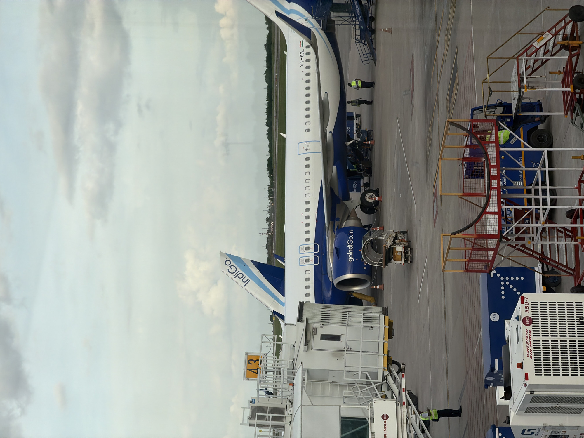 An Indigo Airlines aircraft, registration VT-ICL, is parked at the gate in the city of Mamidipally, India. The plane is white with blue accents and features the Indigo logo on its tail. A jet bridge is connected to the aircraft, and ground crew members are visible near the plane. Several airport service vehicles and equipment are also present on the tarmac. The scene is set against a cloudy sky.
