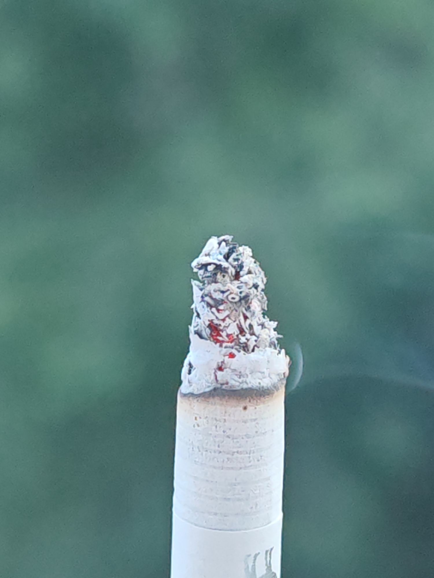 A vertical close-up photograph depicts a lit cigarette against a heavily blurred, out-of-focus green background, indicative of foliage. The setting is stated as Shumen, Bulgaria. The lower portion of the cigarette, including a white filter section with a faint, partially obscured dark emblem, is visible. The white paper wrapping of the cigarette exhibits subtle horizontal striations. At the tip, a substantial, irregularly shaped accumulation of greyish-white ash is present, intertwined with darker remnants of burnt tobacco. Bright red and orange glowing embers are clearly visible within the ash, indicating active combustion. A thin, pale wisp of smoke emanates from the right side of the burning tip, drifting upwards. No individuals or other distinct objects are present in the frame.