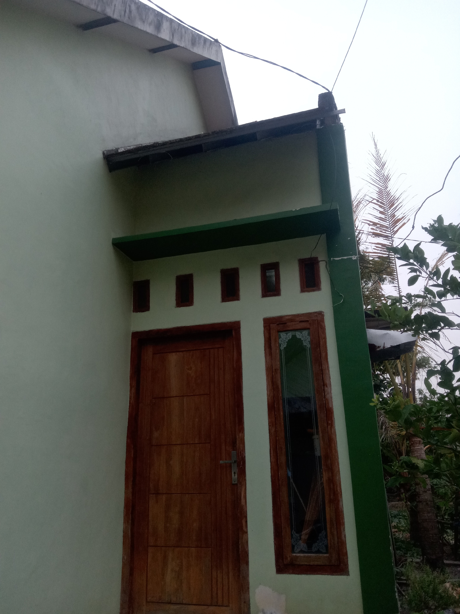 A low-angle, full-shot photograph captures the exterior of a light green house in Jumput, Indonesia. The house features a dark brown wooden door with three horizontal panels, situated to the left of a tall, narrow wooden-framed window with decorative glass panes. Above the door and window are three small, dark rectangular vents. A dark green awning extends above these features. The house's roofline is visible at the top of the image, with concrete and dark supporting beams. Outside the house, to the right, lush green foliage and palm trees are present, with a faint overcast sky in the background. Electrical wires are strung across the sky. No people are present in the image.