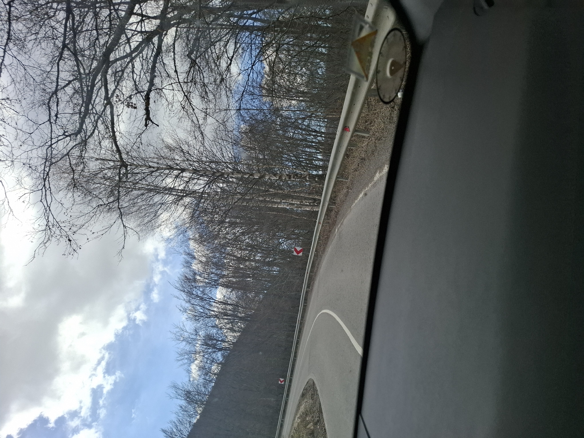 The image shows a view from inside a vehicle on a winding road near Gintsi, Bulgaria. The road has a white line marking the edge and a metal guardrail along the side. Trees, bare of leaves, line the road. Warning signs with red and white chevrons are visible along the curve. The sky is partially cloudy with patches of blue. Part of the vehicle's interior is visible in the foreground.