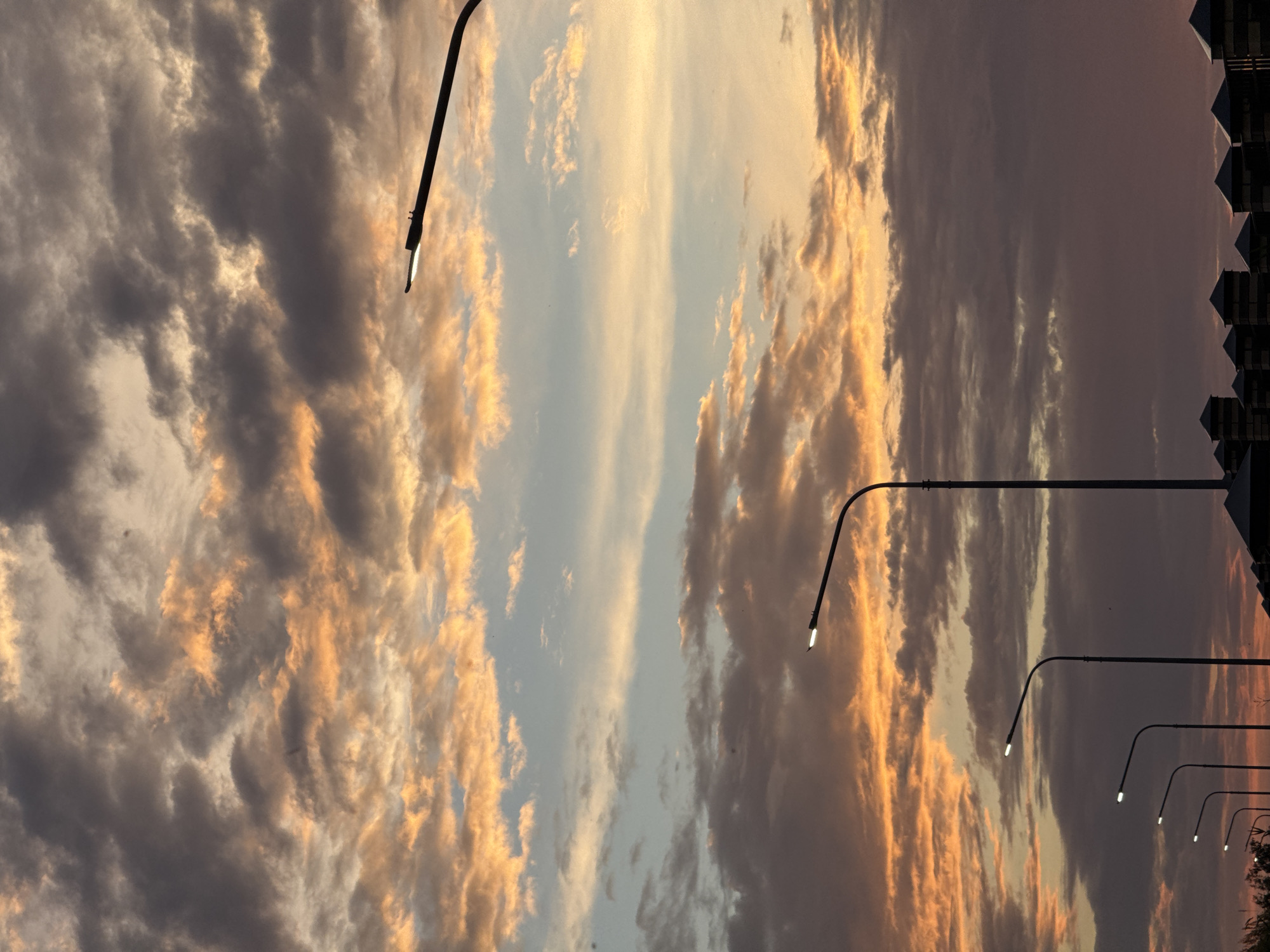 This is a photograph taken in Mikhaylovsk, Russia, depicting a dramatic sky at sunset or sunrise. The dominant subjects are the clouds, painted in hues of orange, yellow, and gray, with streaks of lighter blue sky visible between them. The sunlight is casting a warm glow on the edges of the clouds, creating a textured and vibrant appearance.
Silhouetted against the colorful sky are several streetlights. These lamps are arranged in a line, extending from the left side of the frame towards the right and receding into the distance. Each streetlight is a dark, curved pole topped with a single, small light. The lights themselves are illuminated, appearing as bright pinpricks against the darkening sky. The scene suggests an outdoor setting, possibly a street, park, or open area, as indicated by the presence of streetlights.
In the far right of the image, the tops of buildings with distinctive triangular roofs are visible, adding another layer to the setting. The overall mood is one of transition, capturing the fleeting beauty of twilight. The weather appears to be partly cloudy, with dramatic cloud formations. No people are visible in the frame. There is no visible text in the image. The orientation of the photograph is vertical, with the sky taking up the majority of the frame.