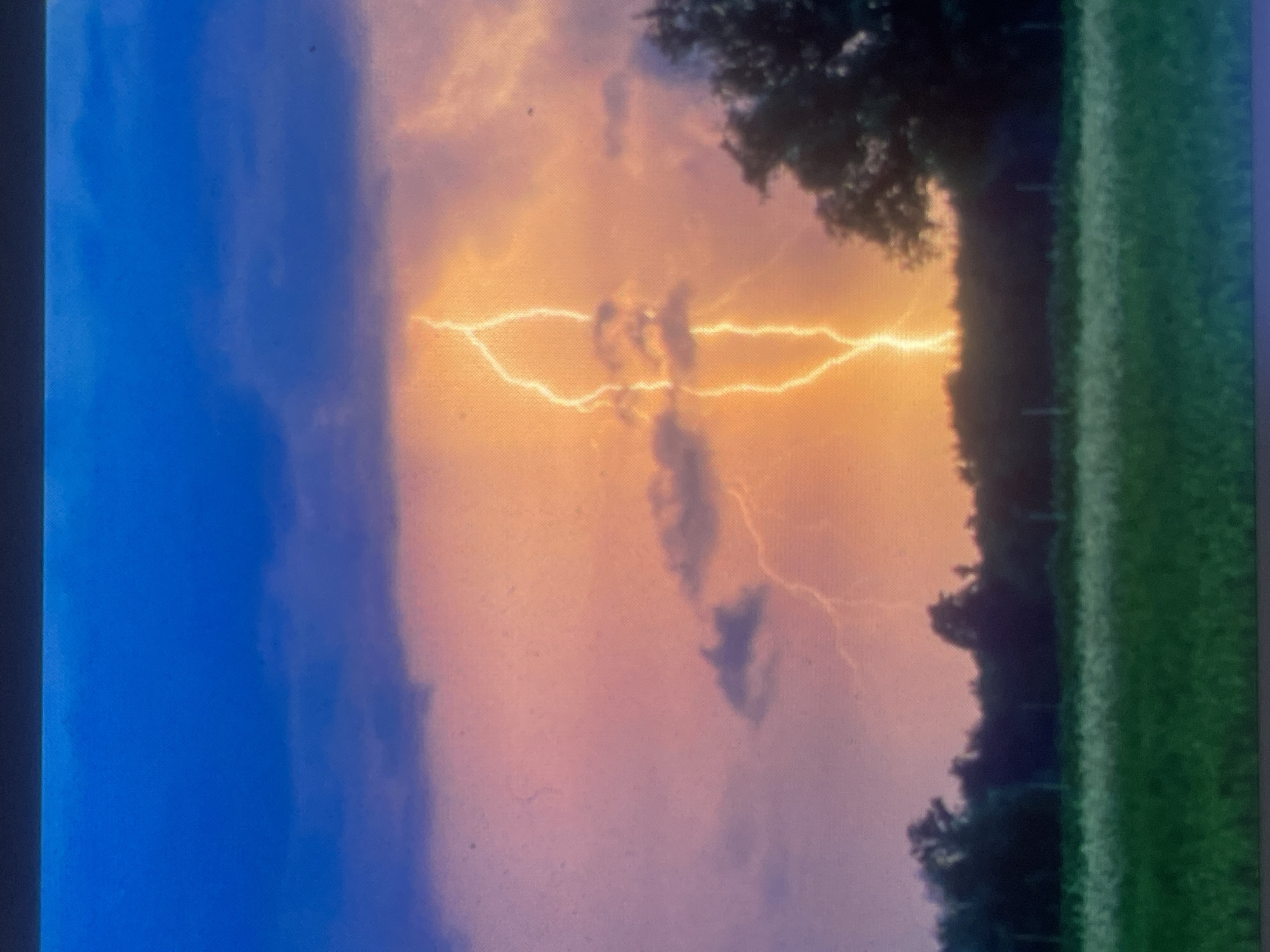 The image depicts a rural or semi-rural landscape in the city of Zelenyi Hai, Ukraine, during what appears to be a thunderstorm at dusk or twilight. The sky occupies approximately two-thirds of the frame, exhibiting a distinct color gradient from deep blue at the top, transitioning through shades of purple and pink, to bright orange and yellow in the lower portion of the sky.
A prominent, bright yellow-white lightning bolt extends vertically downwards from the upper-middle of the frame, zigzagging through the clouds towards the horizon line. Smaller, less intense flashes or branches of lightning are faintly visible to the left of the main strike. Dark, scattered cloud formations are present in the blue and purple sections of the sky.
Below the illuminated sky, a dark, silhouetted line of dense foliage or trees forms the horizon, obscuring the precise ground level beyond. Faint, dark vertical elements resembling fence posts are discernable within the tree line. The bottom third of the image is dominated by a flat, open field of green vegetation, consistent with grass or low crops, displaying minor variations in shade and texture. No individuals or man-made structures other than the possible fence posts are visible within the frame. The scene captures a natural atmospheric event over a natural landscape.
