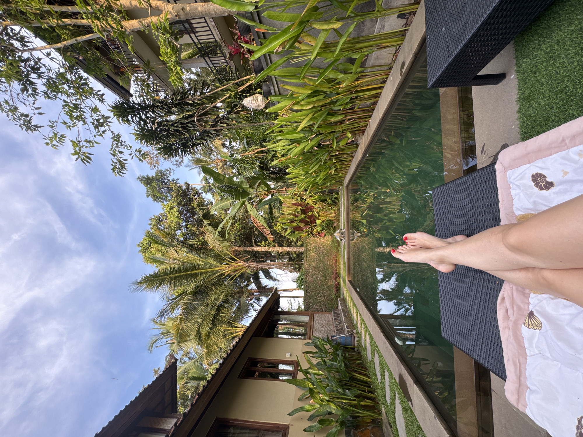 The image displays a serene tropical scene, likely a resort or private villa in the Ubud District, Indonesia. The perspective is from a person relaxing on a dark rattan-style lounge chair, with their bare legs and feet (featuring red nail polish) casually extended towards a narrow swimming pool. A light-colored blanket with a dark, ornate pattern, possibly a butterfly or floral motif, partially covers the lounger and the person's legs.
The swimming pool has greenish water, reflecting the abundant surrounding foliage and the bright sky. A planter filled with lush, broad-leaf tropical plants runs alongside the pool, enhancing the verdant atmosphere. Beyond the pool, a two-story building with a dark-tiled roof and light-colored walls is visible, nestled among dense tropical vegetation, including tall palm trees and other diverse greenery. A light-colored, woven basket-like object hangs amidst the plants.
The sky is bright blue with scattered white clouds, indicating clear, sunny daytime weather. The overall ambiance suggests tranquility, relaxation, and leisure. No visible text is present in the image.