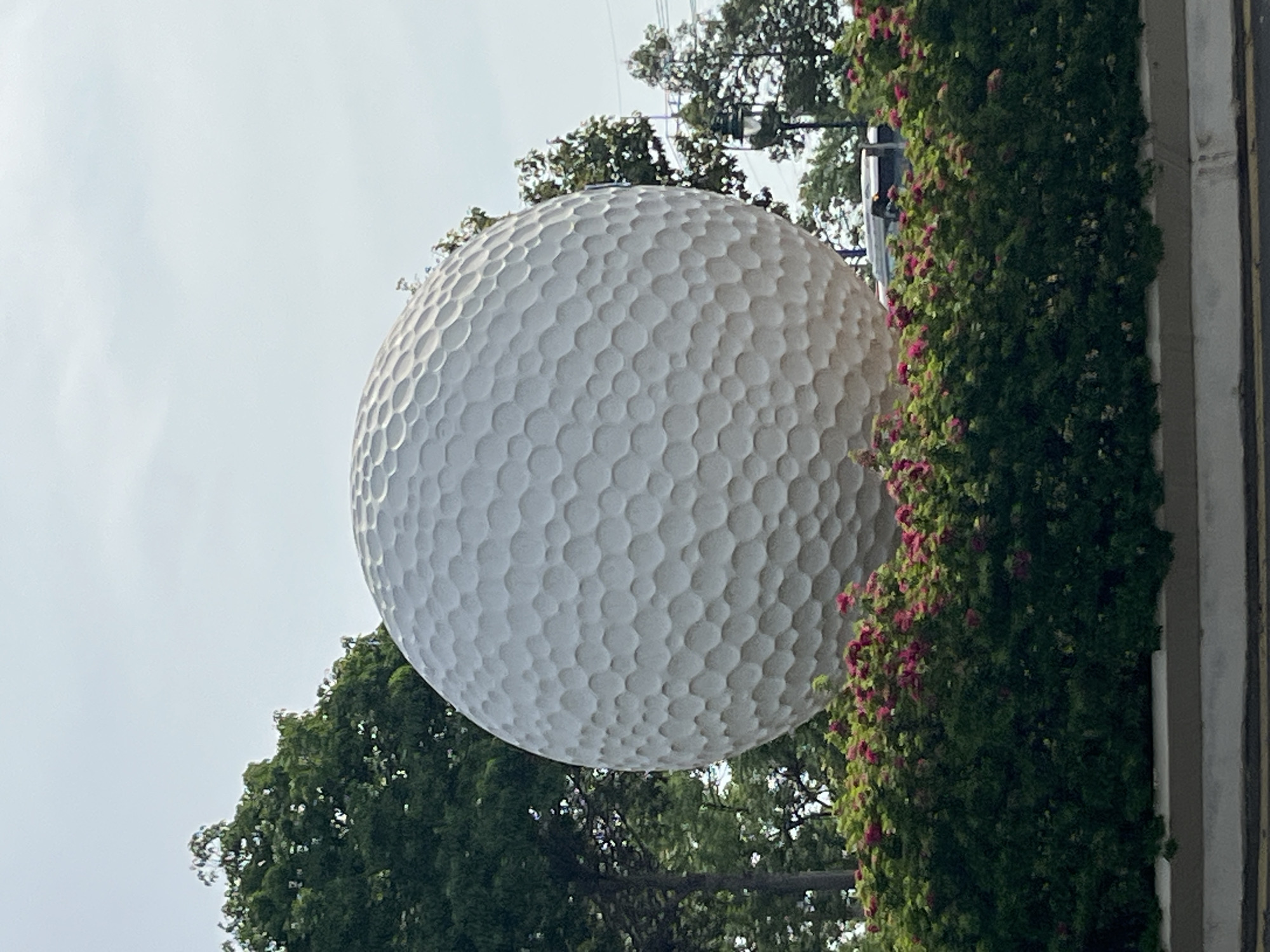A large, white golf ball sculpture sits prominently in the foreground, its dimpled surface clearly visible. It is surrounded by lush green bushes adorned with small pink flowers. In the background, trees with dense foliage are visible, as well as a street lamp and a blurred vehicle. The sky above is overcast and pale. The image appears to be taken from a slightly low angle, emphasizing the size of the golf ball sculpture. The location is identified as Phu Thuy Ward, Vietnam.