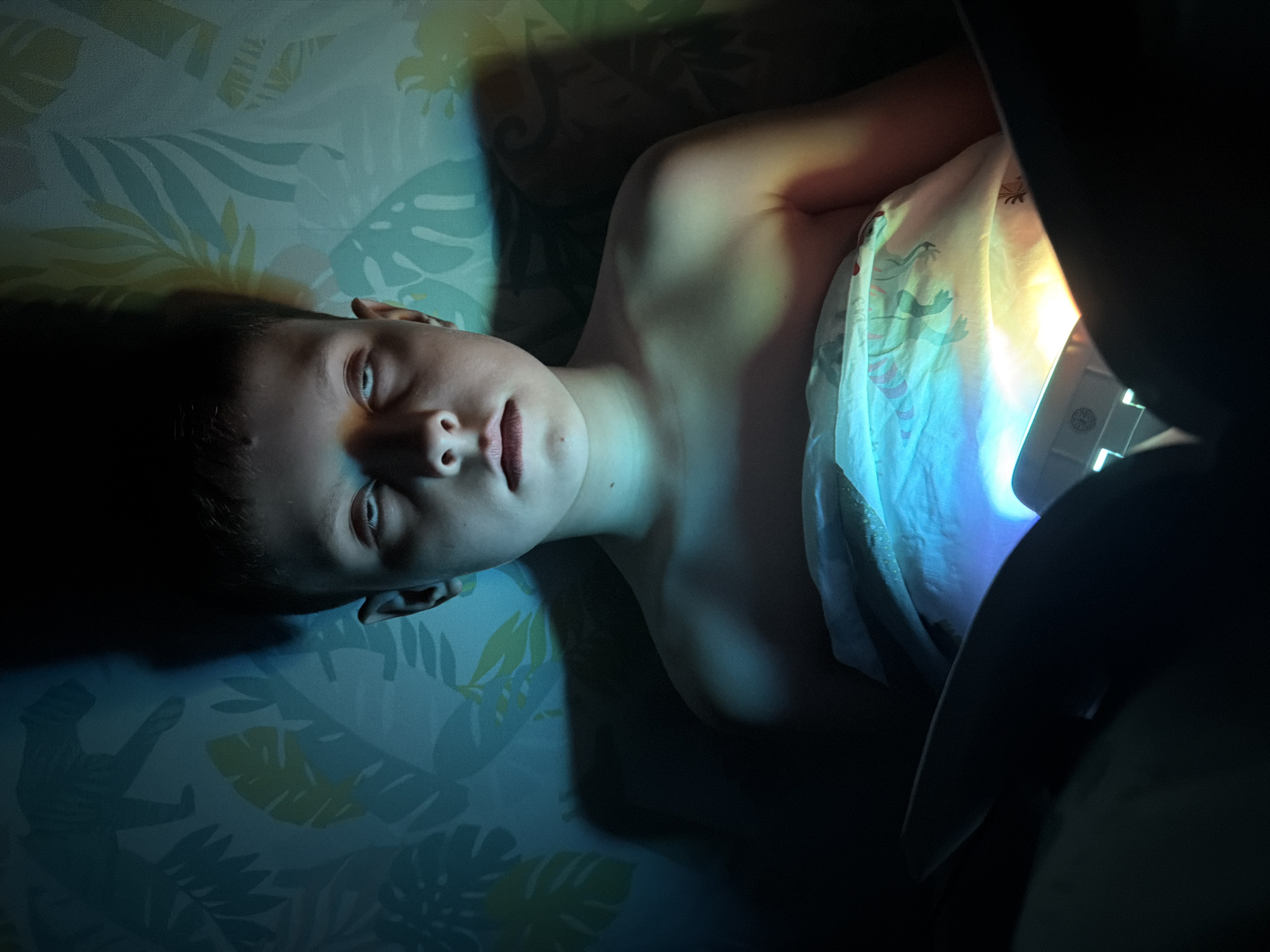 A youth lies in bed, seemingly illuminated by a device they are holding. The bedding features a pattern of leaves. The scene is lit with a cool, artificial light. There is nothing in the image to suggest a location in Votkinsk, Russia.