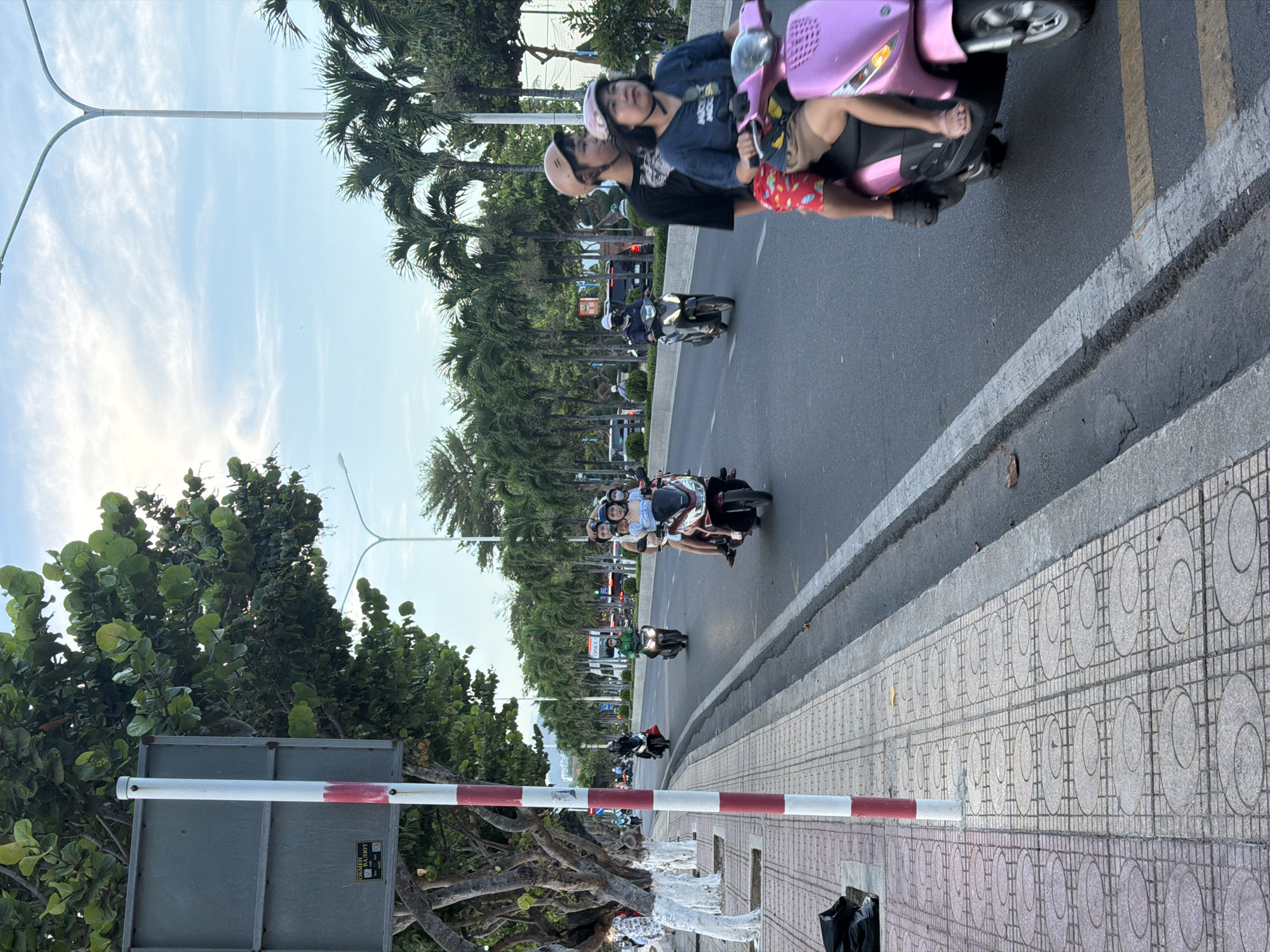 The image shows a street scene in Nha Trang Ward, Vietnam. Several motorbikes are traveling on the road, carrying multiple passengers each. A group of three people, wearing helmets, is riding on a pink motorbike in the foreground. Palm trees line the street, and streetlights are visible. A barrier with red and white stripes is positioned on the side of the road near the sidewalk. The sky is partly cloudy. The sidewalk is patterned with tiles.