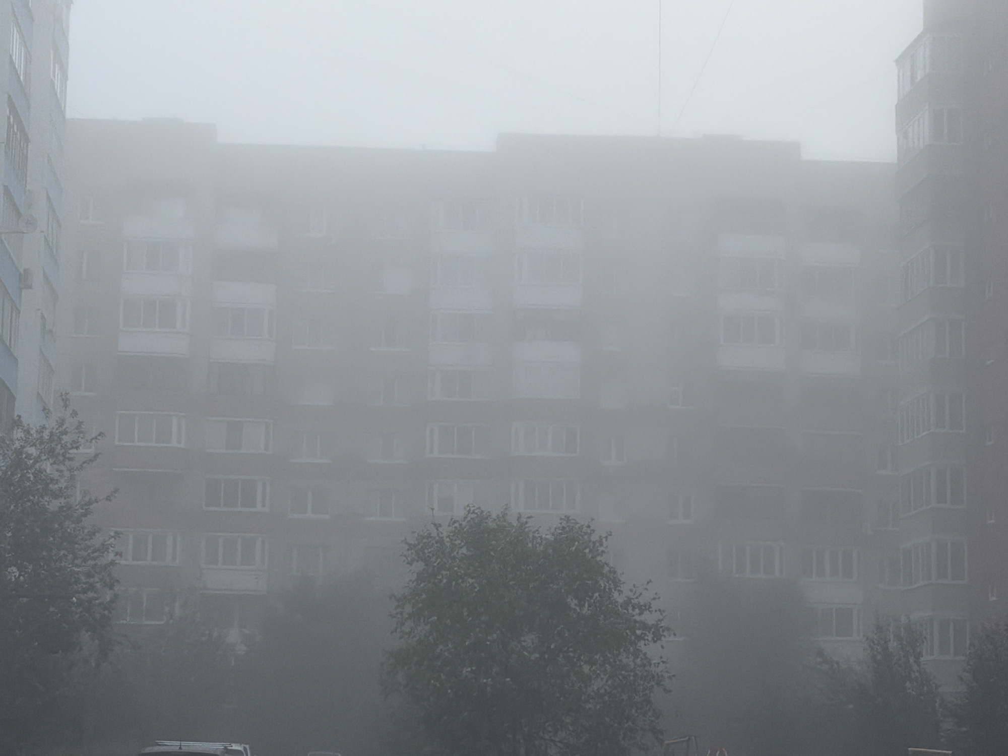 The image shows a dense fog obscuring a residential area in Tyumen, Russia. A multi-story brick apartment building with many windows is visible in the center and right of the frame, appearing muted and softened by the fog. To the left, another apartment building with lighter colored siding is partially visible. In the foreground, trees and the tops of vehicles are barely discernible through the thick mist, suggesting an outdoor, urban environment. The overall atmosphere is one of limited visibility and muted colors due to the heavy fog.