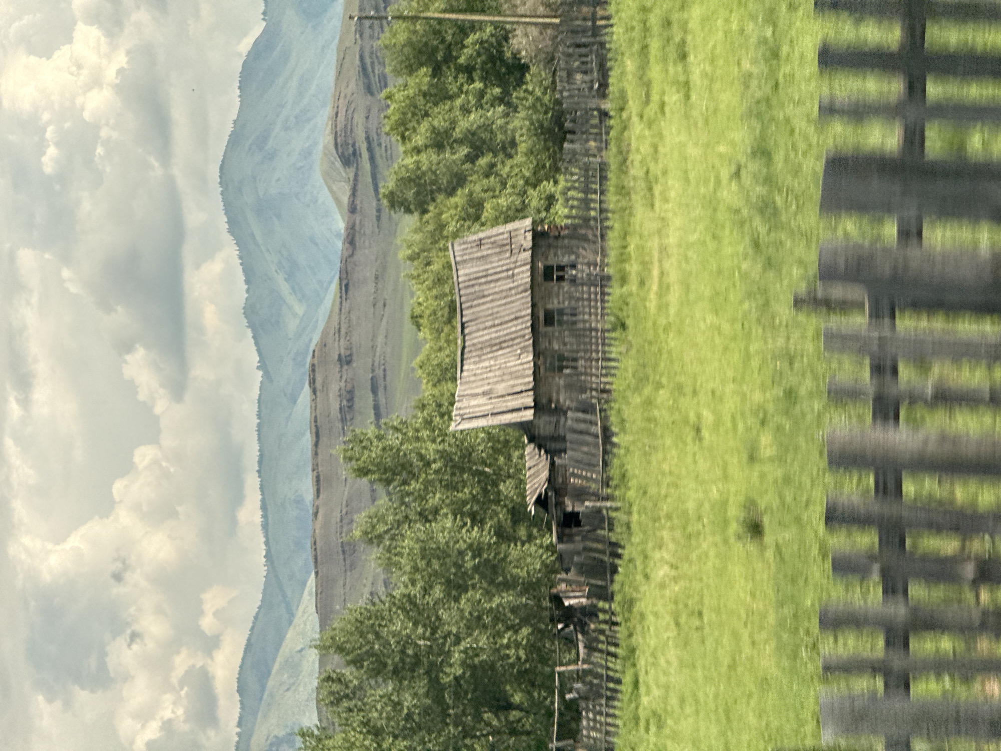 A weathered wooden house with a corrugated metal roof and visible windows stands in a grassy field, bordered by a dilapidated wooden fence. Behind the house, a dense line of green trees forms a backdrop, with layered, muted green mountains and a cloudy sky in the distance. The scene suggests a rural or remote location, likely in the region of Верх-Аскиз, Russia, given the context. The overall impression is one of rustic simplicity and natural beauty.