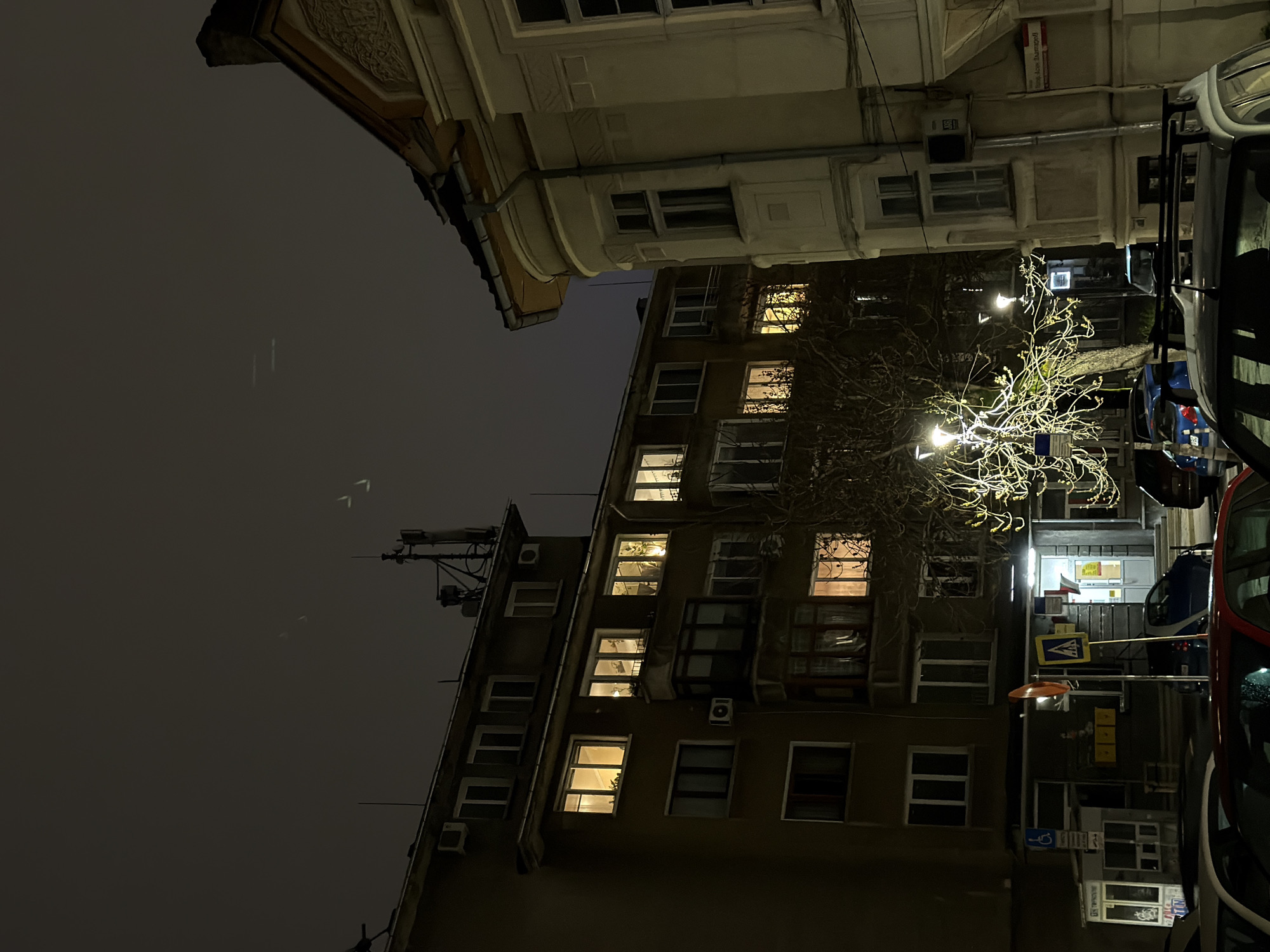 The image depicts a night scene in Sofia, Bulgaria. Two buildings are visible: a taller, older building with multiple lit windows and visible occupants, and a lower, lighter-colored building with architectural details. A bare tree, illuminated by streetlights, stands in front of the taller building. Streetlights are visible. Cars are parked along the street. A pedestrian crossing sign is visible, along with other street signs. The sky is dark and overcast.