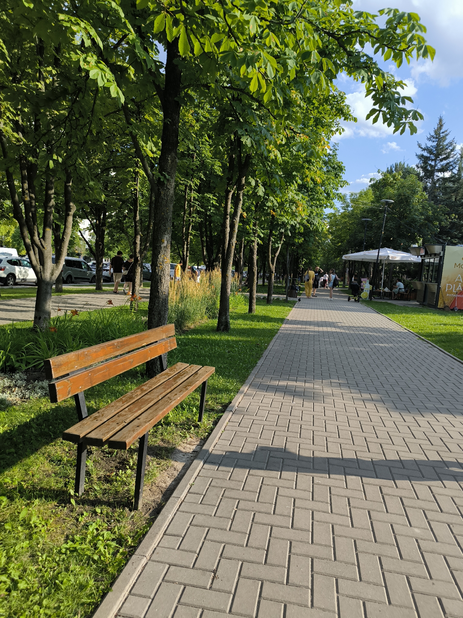 The image depicts a sun-drenched park walkway lined with trees and greenery, likely in Chișinău, Moldova. A paved path, constructed from rectangular grey blocks laid in a herringbone pattern, dominates the right side of the frame. To the left of the path, a weathered wooden bench with black metal legs sits on a patch of green grass interspersed with small flowers. Beyond the bench, a row of trees with lush green leaves casts shadows on the grass. Further down the path, several people are walking, some individuals and some in small groups. In the background, there are parked cars, white awnings with a white tent-like structure, and what appears to be a food stall or cafe with tables and chairs. The sky above is a vibrant blue with scattered white clouds. The scene suggests a pleasant day in a public park.