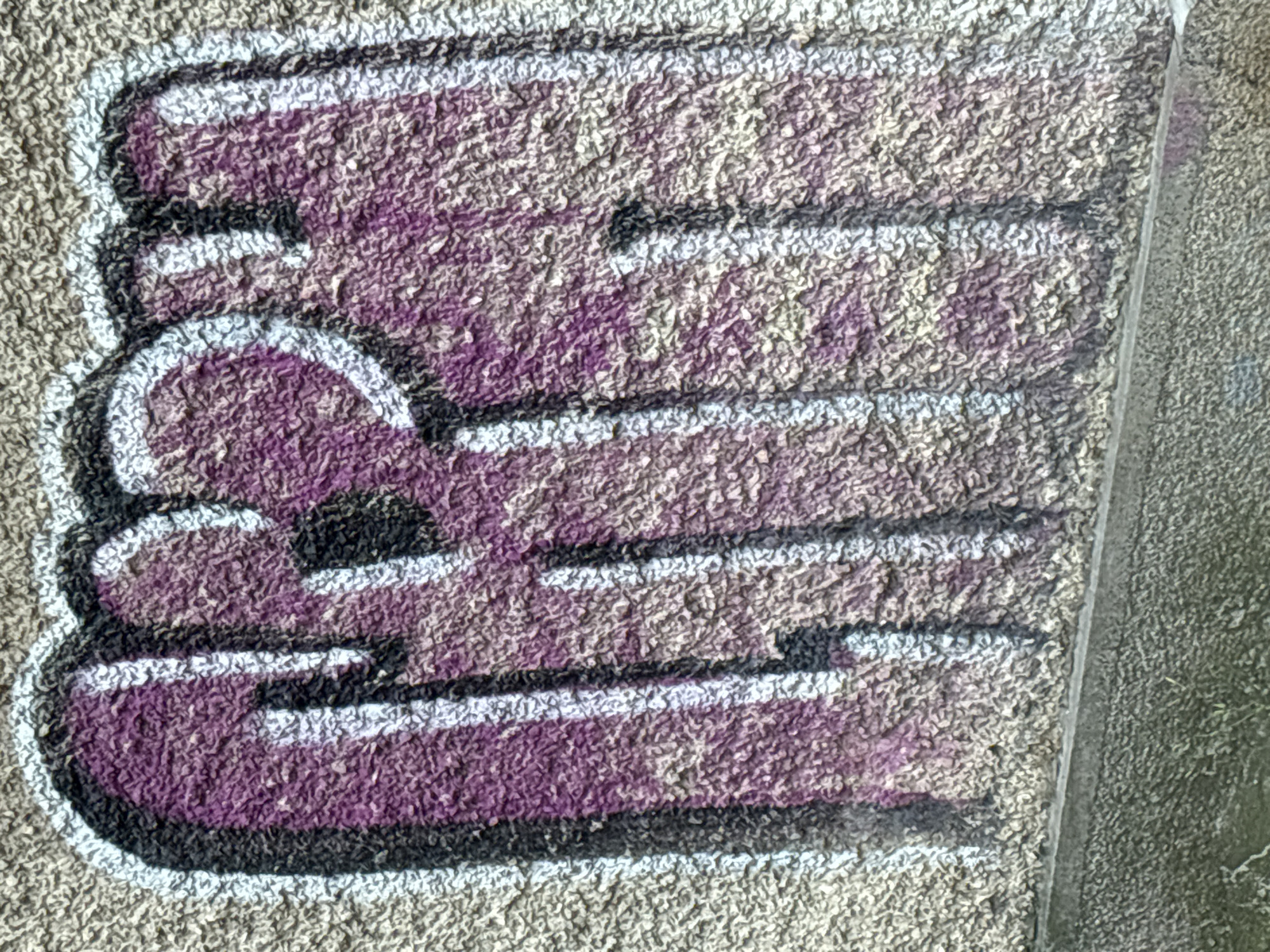 The image is a close-up shot of graffiti. The graffiti is stylized with thick, layered lettering in shades of purple and white, outlined in black and white. The texture of the surface on which the graffiti is painted is rough and appears to be concrete or a similar material. The lighting suggests it is daytime, with no specific weather conditions discernible. The graffiti itself is the sole subject, with no people or broader scene visible. The location context provided is Shumen, Bulgaria, but there are no specific visual cues within the image to confirm this. No text other than the graffiti itself is visible.