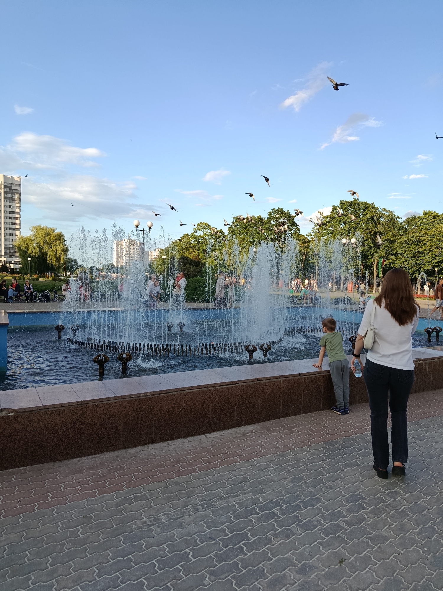 This image depicts a public park in Svietlahorsk, Belarus, featuring a large fountain as its central element. The fountain is actively spraying water, creating a dynamic display. In the foreground, a woman and a young boy stand facing the fountain. The woman is wearing a white shirt and dark pants, while the boy is in a green shirt and gray pants. They appear to be observing the fountain. Behind them, numerous pigeons are in flight against a partly cloudy blue sky. The park setting includes trees, benches, and several people in the background, some of whom are seated. A tall residential building is visible on the left side of the frame, indicating an urban environment. The ground is paved with interlocking bricks.