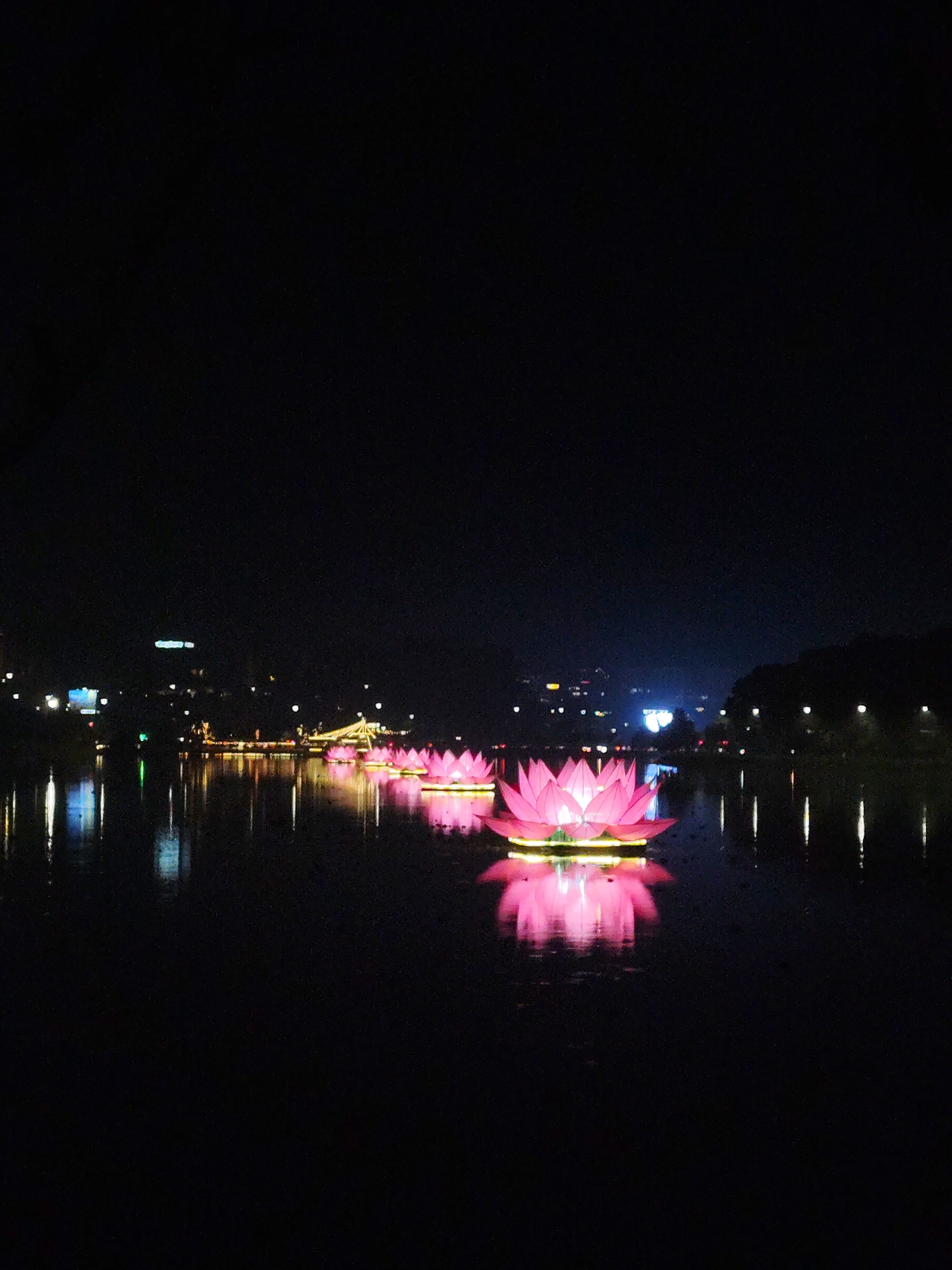 The image depicts a dark night scene in Da Lat, Vietnam, featuring a body of water illuminated by several glowing pink lotus flower lanterns floating on the surface. The lotus flowers are in a row, with the nearest one appearing larger and more prominent, with its illuminated reflection visible in the water. In the background, the cityscape of Da Lat is faintly visible with scattered lights. The water also reflects some of these distant lights. Trees line the edge of the water, and the overall atmosphere is dark with a focus on the illuminated flowers.