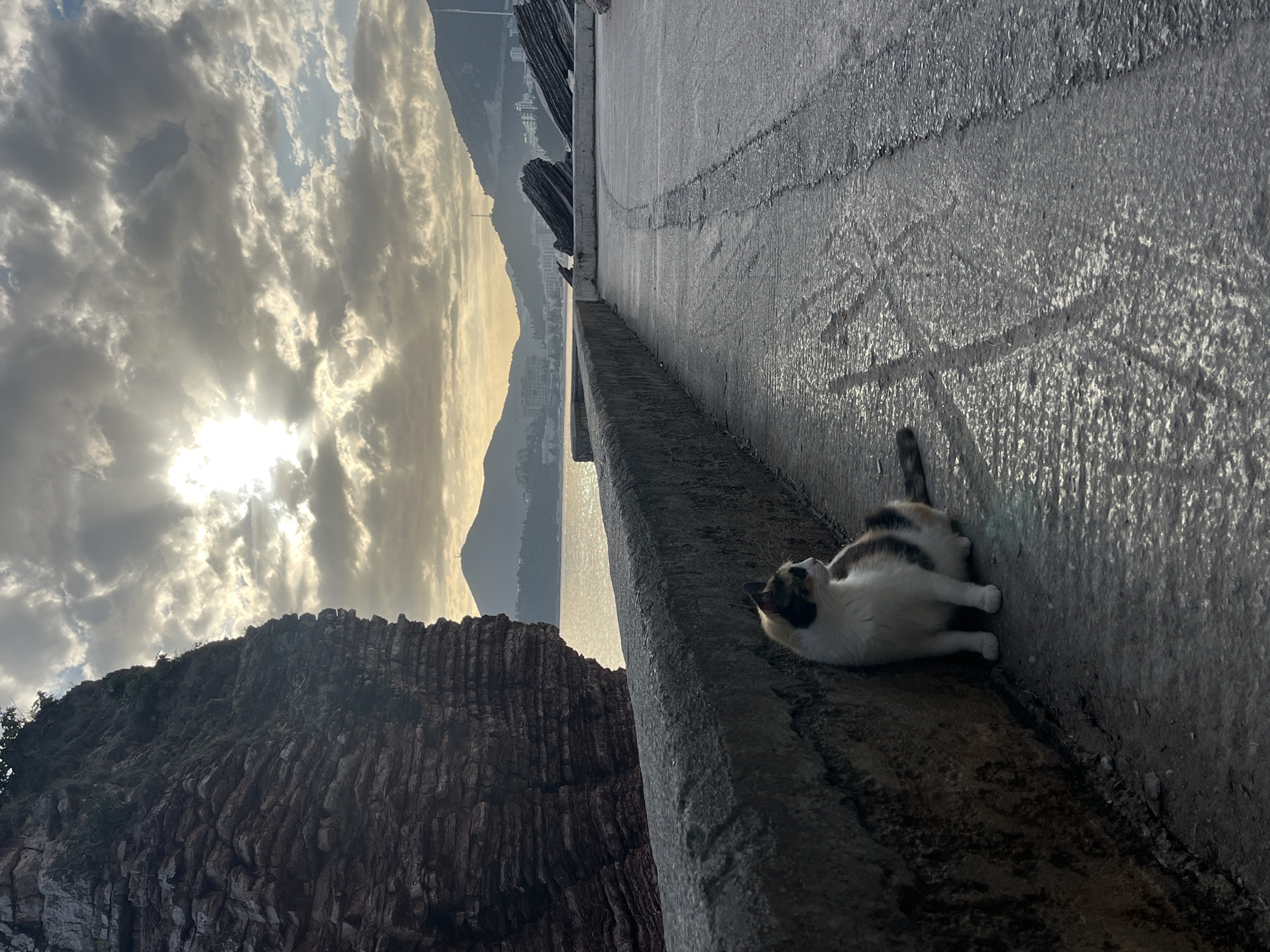 A cat lies on a concrete ledge in Bečići, Montenegro. The ledge is to the right, with a paved surface beyond it. To the left of the ledge is a dark, rocky cliff face, and behind that, a view of mountains under a cloudy sky with the sun shining through.