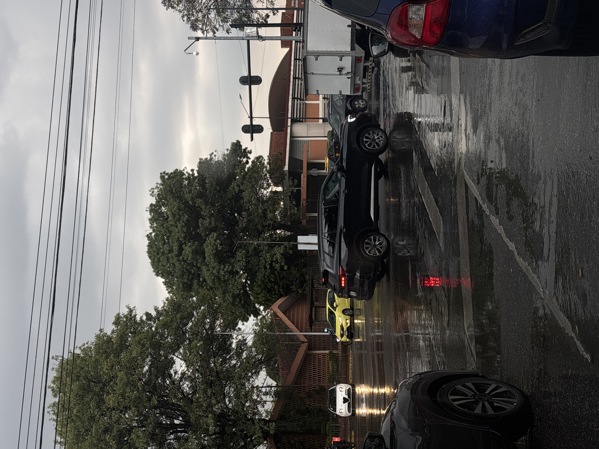 The photograph shows a rainy street scene in Puebla, Mexico. The street is wet with reflections of the vehicles and traffic lights. Cars are stopped in traffic at a crosswalk. Utility poles are visible near trees with lush green foliage. The sky is overcast and gray. The location may be near the intersection of Calzada Zavaleta and Camino Real a Cholula. The image may be rotated slightly.