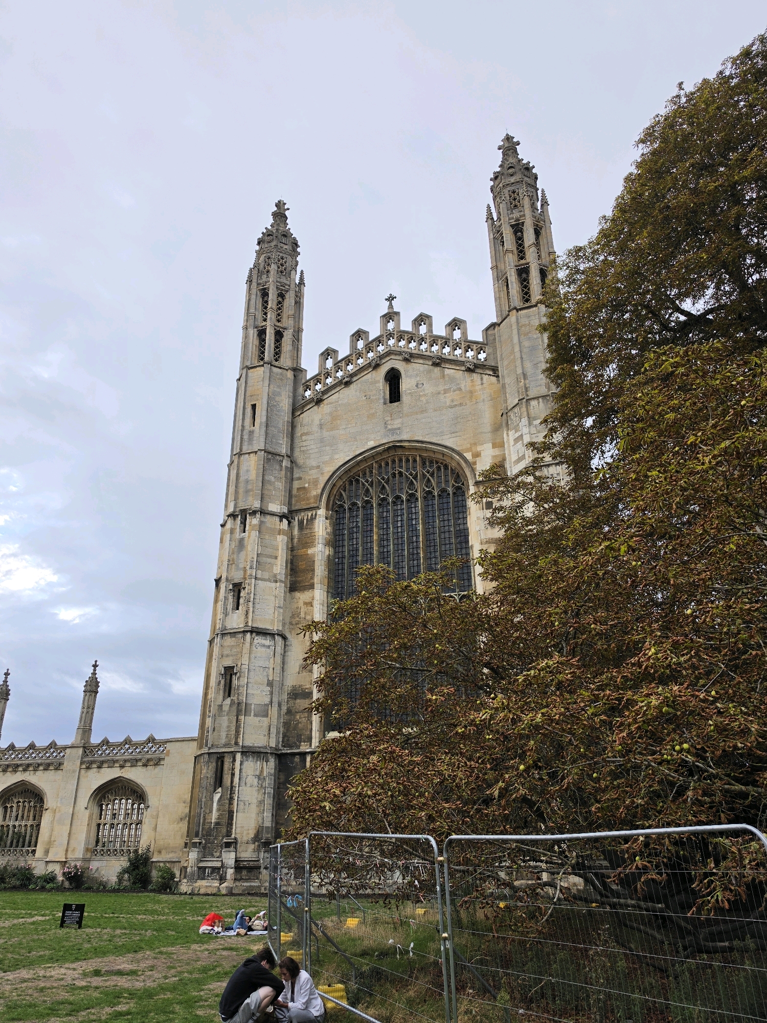 The image captures a frontal view of King's College Chapel in Cambridge, United Kingdom, under an overcast sky. The chapel's Gothic architecture is prominent, with its distinctive towers and ornate stonework. In the foreground, a lush green lawn is visible, with a metal fence separating it from an area with overgrown vegetation. Two individuals are seated on the grass near the fence, engaged in conversation. Further in the background, on the lawn, a group of people are relaxing on blankets. A signpost is also present on the left side of the lawn. The scene is framed by the foliage of a large tree on the right, its leaves showing autumnal colors.