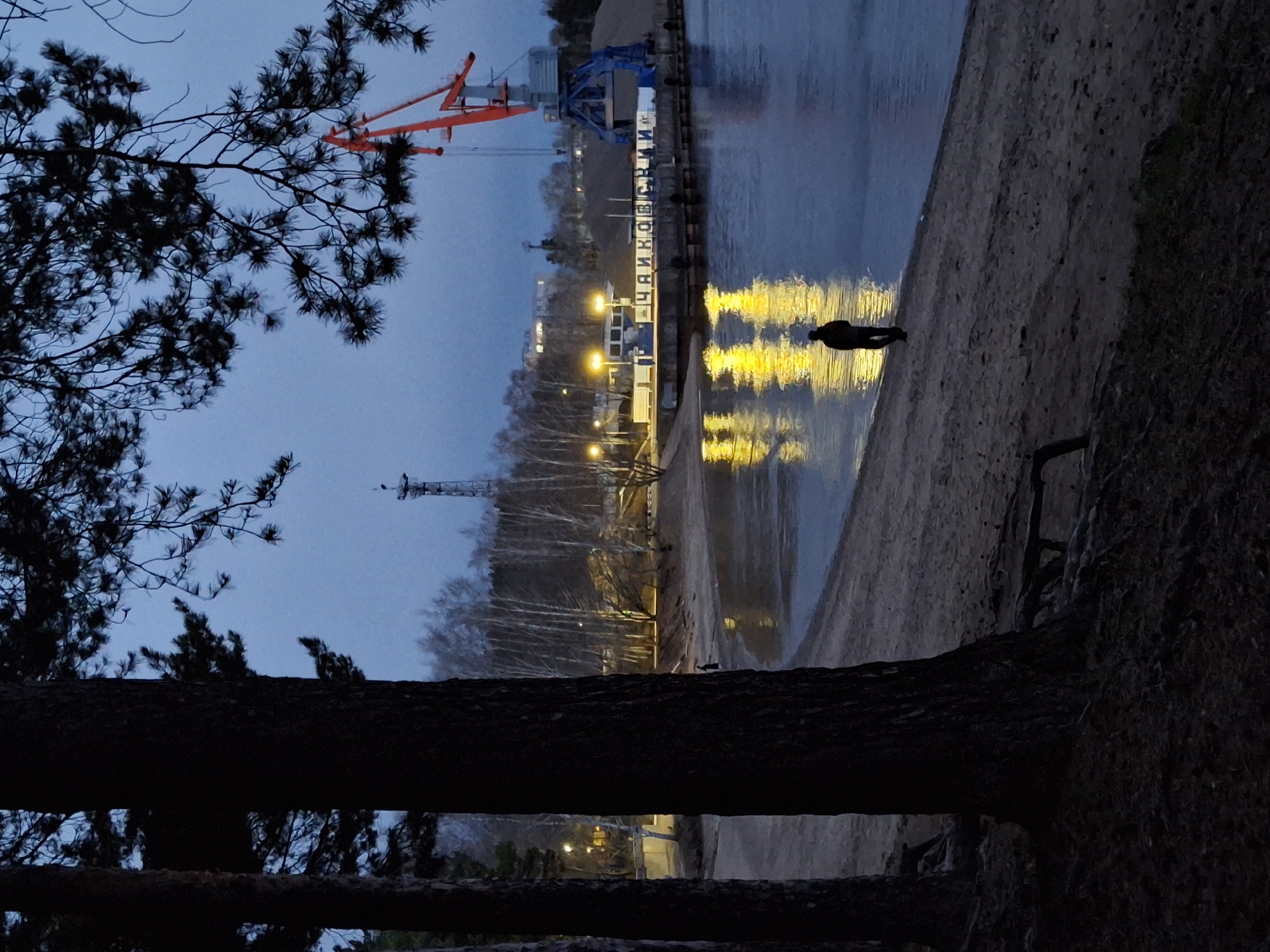 The image captures a twilight or nighttime scene along a waterfront, likely a port or industrial area, dominated by cool blue and dark tones, contrasted with bright yellow light reflections on the water.
In the foreground, silhouetted dark tree trunks and branches frame the scene, creating a sense of depth. On the right, a sandy or gravelly bank extends towards the water. A lone person, rendered in silhouette, stands at the edge of the water, facing away from the viewer and towards the illuminated structures.
The middle ground features a calm body of water, possibly a river or canal, reflecting the intense yellow glow from multiple artificial lights on the opposite bank. These reflections appear as shimmering, elongated patterns on the water's surface. On the far bank, several white and grey industrial-like structures are visible. A prominent white sign on one of these structures clearly displays the Cyrillic text "ЧАЙКОВСКИЙ" (CHAIKOVSKY).
In the background, two large industrial cranes, one red and one blue/grey, stand tall against the dark blue sky, indicating a working port environment. Beyond these structures, a line of bare trees on a distant bank completes the horizon. The overall atmosphere is quiet and somewhat contemplative, with the artificial lights providing the primary focal points in the dim light.