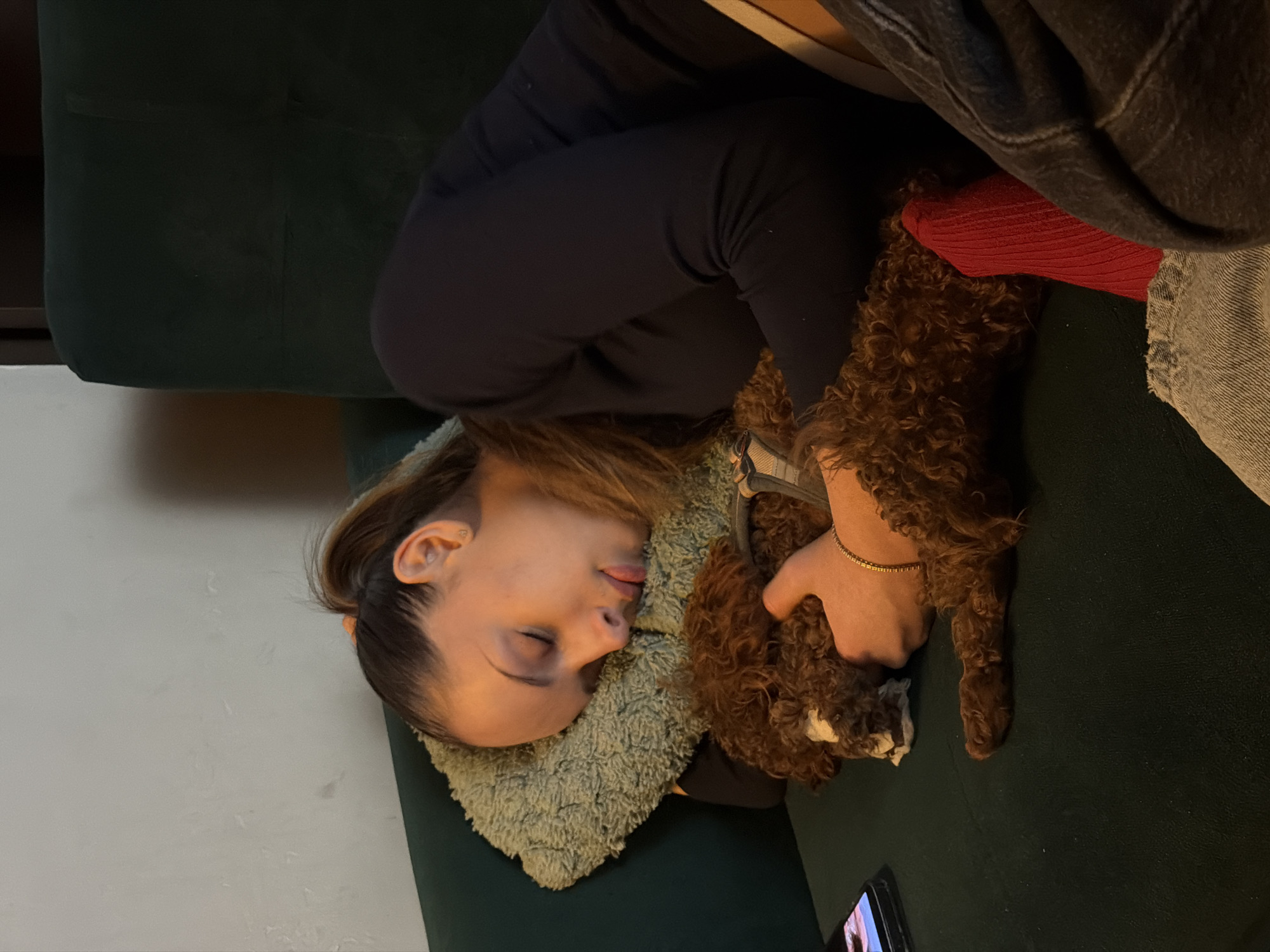 A woman is lying on a dark green couch with a small brown curly dog. She has blonde hair and fair skin, and she's resting her head on a light green textured pillow. She is wearing black clothing. Her left hand is holding the dog. The dog is facing the right of the frame. In the lower right corner of the image, a partially visible mobile phone is on the couch. The location is not discernible from the image.