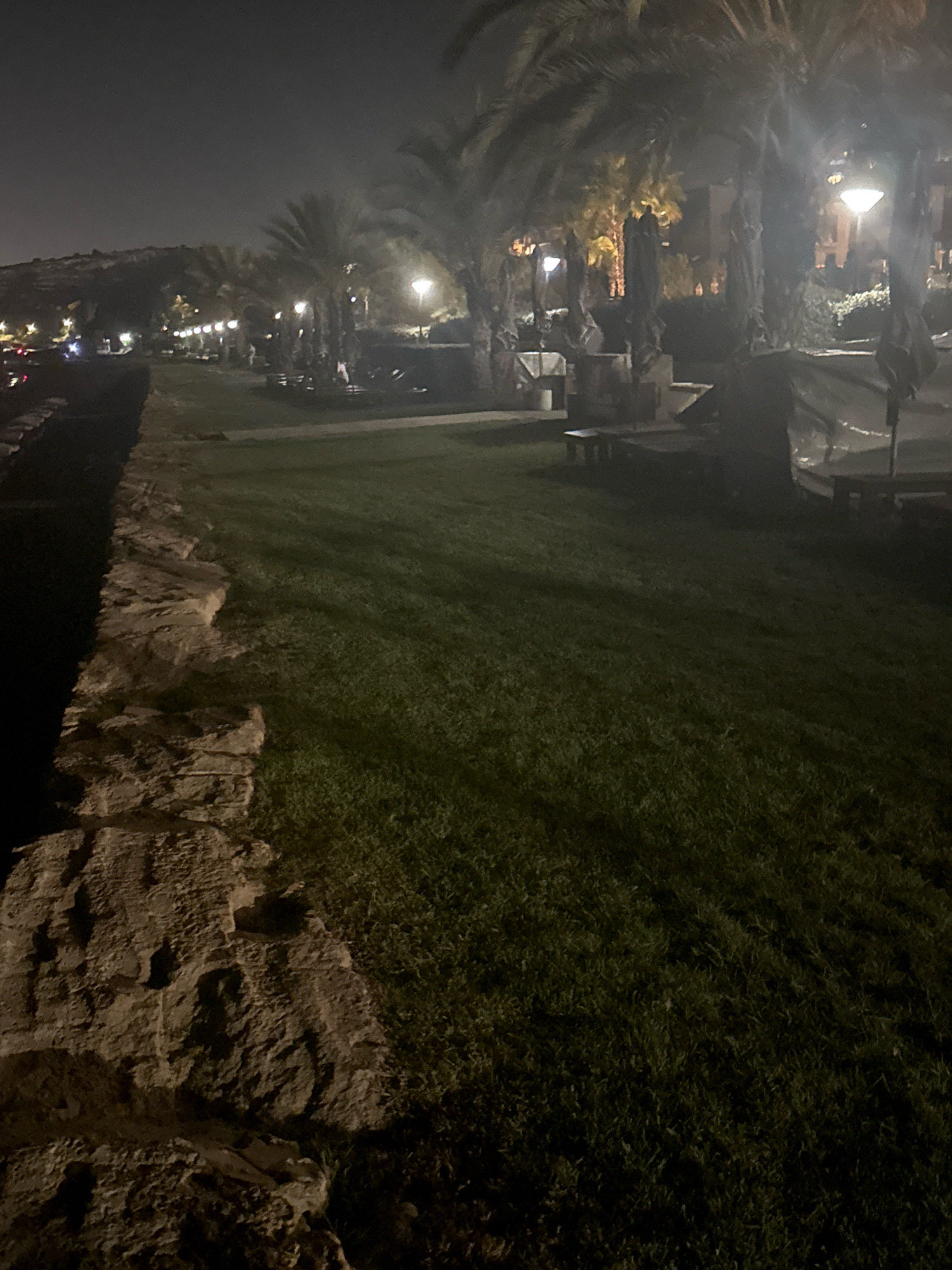 The image depicts a nighttime scene in Agios Tychona Community, Cyprus. A stone-lined pathway runs along the left side of the frame, bordering a well-maintained grassy area. Beyond the grass, palm trees are visible, interspersed with outdoor seating and lighting fixtures. In the distance, buildings and more palm trees are illuminated, suggesting a developed area. The overall atmosphere is tranquil and suggests a public park or recreational space.