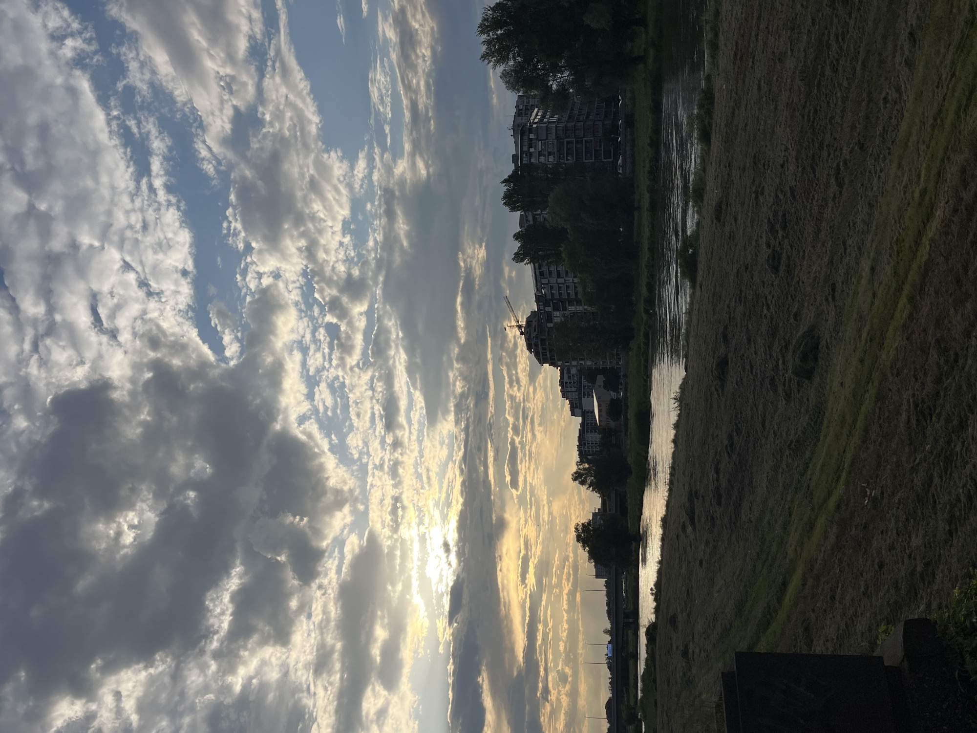The image presents a serene landscape captured at either sunrise or sunset, featuring a river flowing through an urban or semi-urban setting, likely in Plovdiv, Bulgaria. The scene is dominated by a dynamic sky and the reflections on the water.
The upper portion of the frame showcases a vast sky filled with an array of clouds. Some clouds are brightly illuminated by the sun, appearing white and golden, while others are darker grey, creating a sense of depth and contrast. Patches of clear blue sky are visible between the cloud formations. A bright sun, partially obscured by clouds, casts a warm, golden glow across the sky, suggesting the golden hour.
Below the expressive sky, a distinct silhouette of a city skyline stretches horizontally. This includes multi-story buildings, some appearing residential, interspersed with numerous dark, leafy trees. A construction crane is visible among the structures, indicating urban development.
A calm river occupies the mid-ground, running horizontally across the scene. The water beautifully reflects the bright, golden light of the sky, creating shimmering streaks on its surface.
The foreground on the opposite bank of the river consists of a wide expanse of grassy land. The grass appears somewhat dry or muted in color, with variations of brown and dark green. Some indistinct dark structures, possibly concrete or stone, are visible at the very bottom edge of the frame.
There are no people or visible text in the image. The scene conveys a tranquil atmosphere under a picturesque, partly cloudy sky.