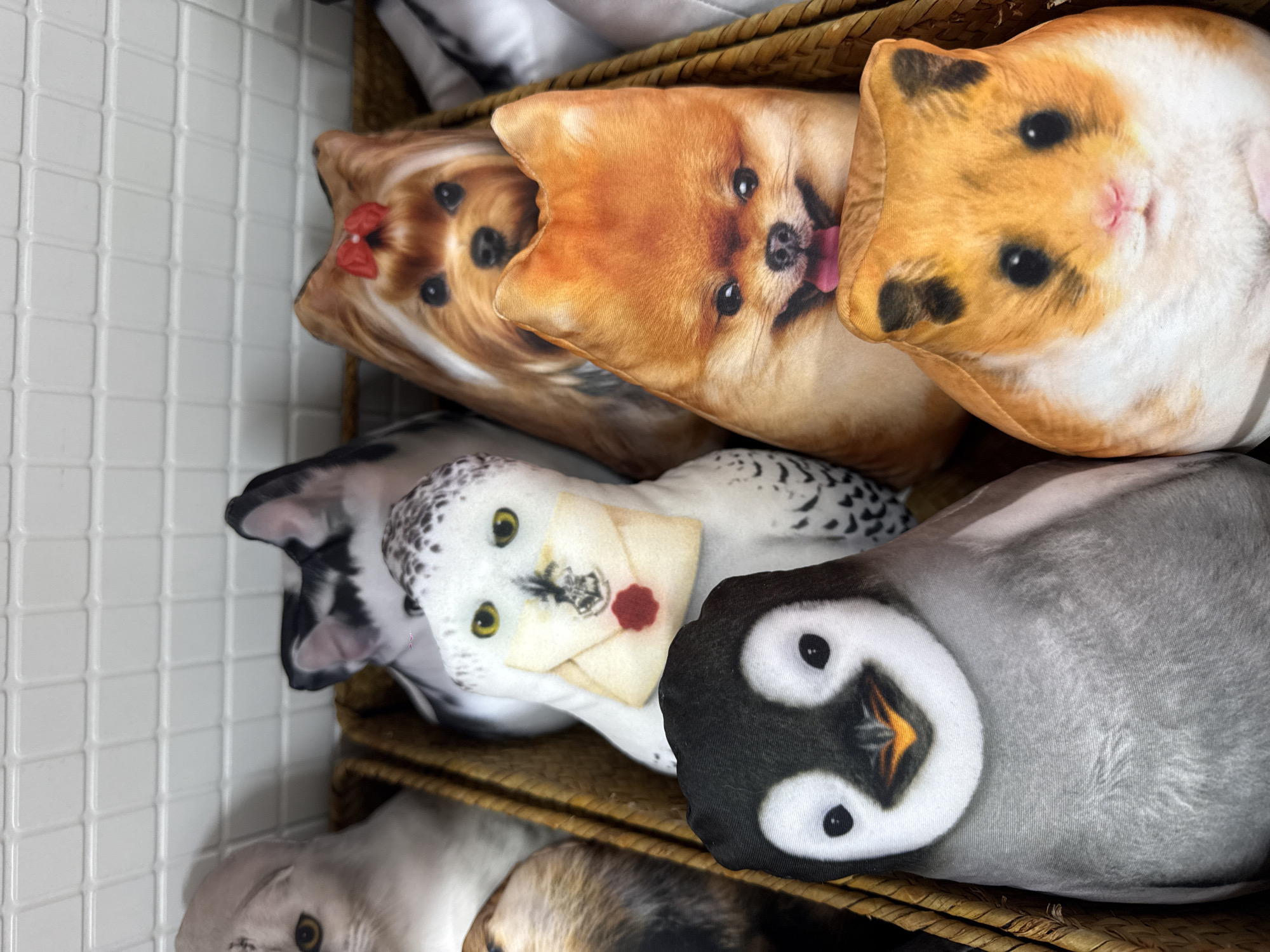 A close-up, high-angle shot shows a shelf of novelty pillows. The pillows are resting in what appears to be a woven basket. On the top shelf are three pillows with printed dog faces. The dogs are a Yorkie with a red bow, a tan Pomeranian with its tongue out, and a tan and white hamster. On the next shelf are a white owl with a sealed letter and red wax stamp and a black and gray penguin. A white cat and brown dog pillow are visible on the bottom shelf. The location and city of Nizhnevartovsk, Russia are not discernible from the visual data.