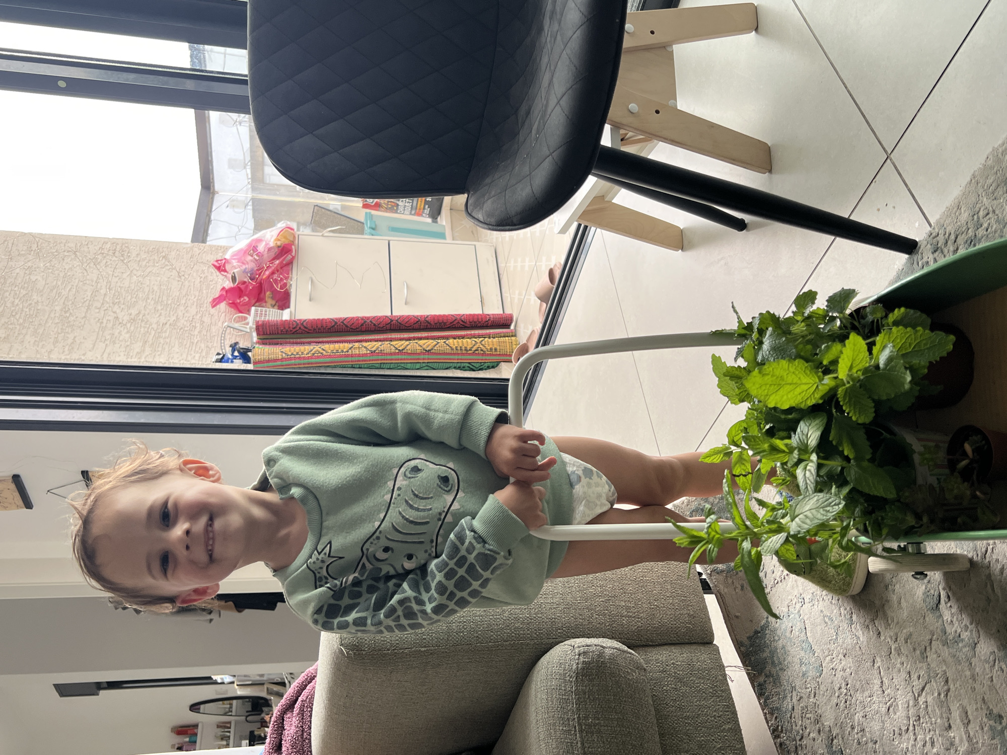 A young child in a green dinosaur-patterned sweatshirt and a diaper stands behind a green plant cart, smiling at the camera. The cart contains several potted plants with leafy green foliage. The child is positioned on what appears to be a beige armchair or couch. Behind the chair and the child, there's a tiled floor with a rug. A black chair with a wooden frame is also visible. Beyond the black chair is a window showing an exterior, and a white cabinet. It is unknown from the image whether the location is in Kiryat Bialik, Israel.