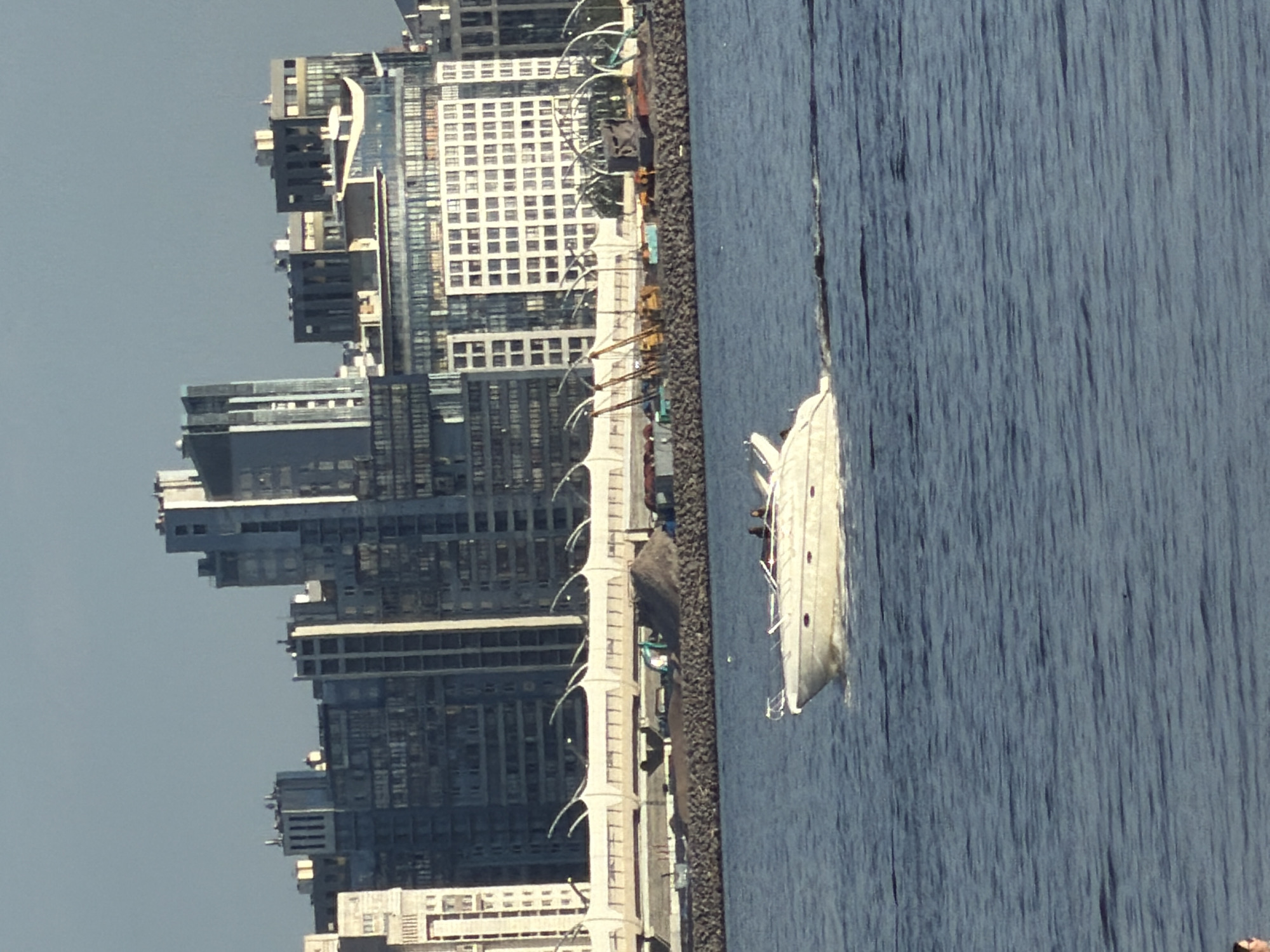The image captures a vibrant urban waterfront scene, likely in Saint Petersburg, Russia, under clear daylight conditions. The composition is divided horizontally into a body of water in the foreground and a dense cityscape in the background.
In the water, a large, white yacht or boat is prominently featured, appearing to be partially docked or navigating slowly. Its sleek white hull contrasts with the blue-gray water, which shows subtle ripples and reflections. No individuals are visible on the boat.
Separating the water from the buildings is a textured shoreline, possibly a rocky or concrete embankment. Along this stretch, a modern promenade features decorative white arched structures that add a touch of elegance to the urban landscape. Interspersed along the promenade are signs of ongoing development or maintenance, including several pieces of yellow construction equipment, possibly cranes or excavators, and other related materials.
The background is dominated by a towering cityscape composed of numerous multi-story buildings. These structures exhibit contemporary architectural styles, characterized by large windows and geometric facades, creating a dense and modern urban environment. The sky above is clear and light-colored, suggesting fair weather. There is no visible text in the image. The overall atmosphere conveys a sense of serene urban life by the water, amidst ongoing development.