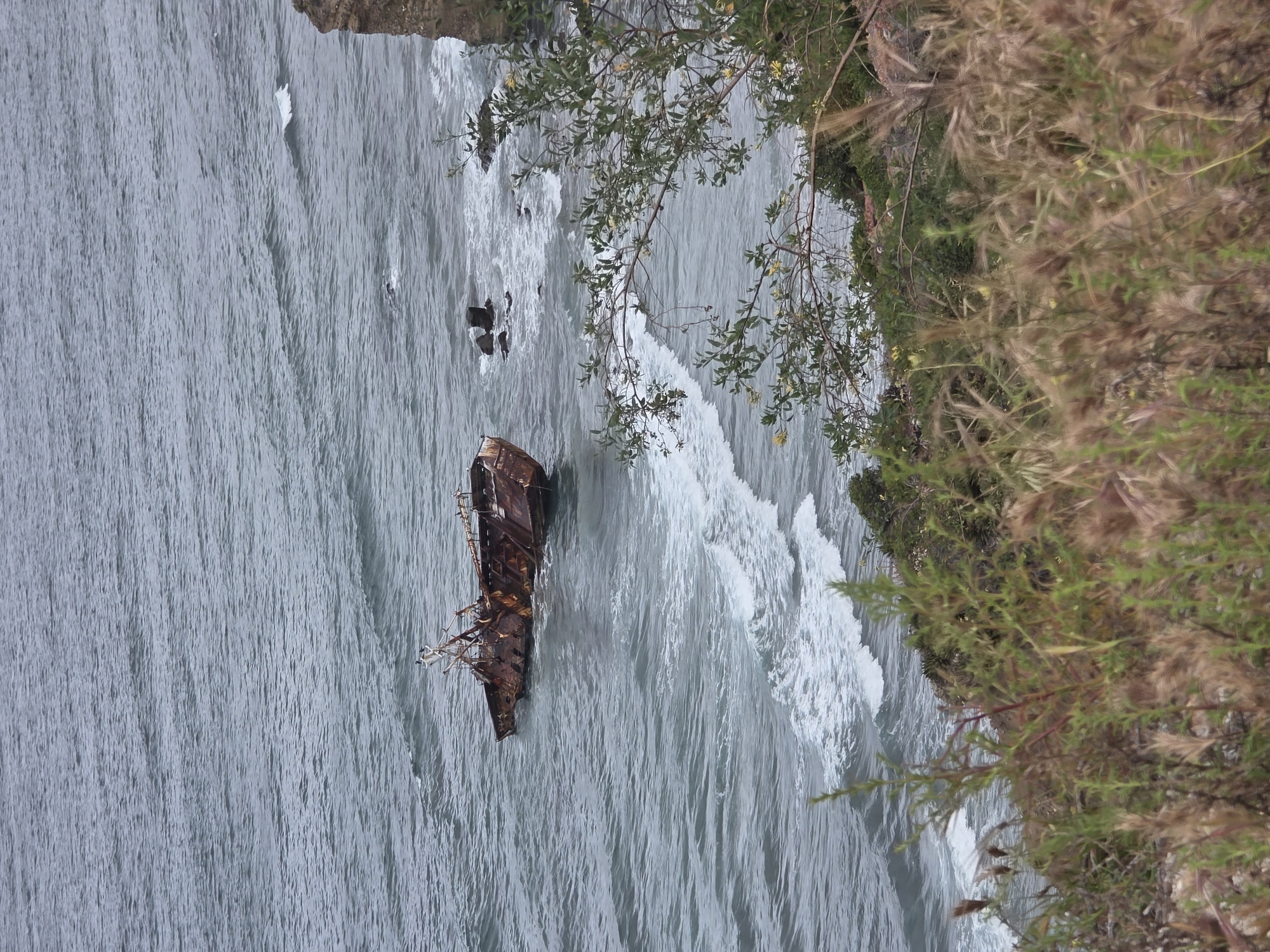 The image depicts a partial shipwreck in turbulent water near a grassy riverbank. The rusted remains of the ship are situated in the middle of a rapid current, with visible waves and whitewater. A cliff covered with vegetation is seen on the right side of the frame. The scene is likely a river or large body of water, and there are no people visible in the image. The shipwreck is likely old and has been exposed to the elements for an extended period of time. The exact location of the image in Ensenada, Mexico, is difficult to determine without additional information.