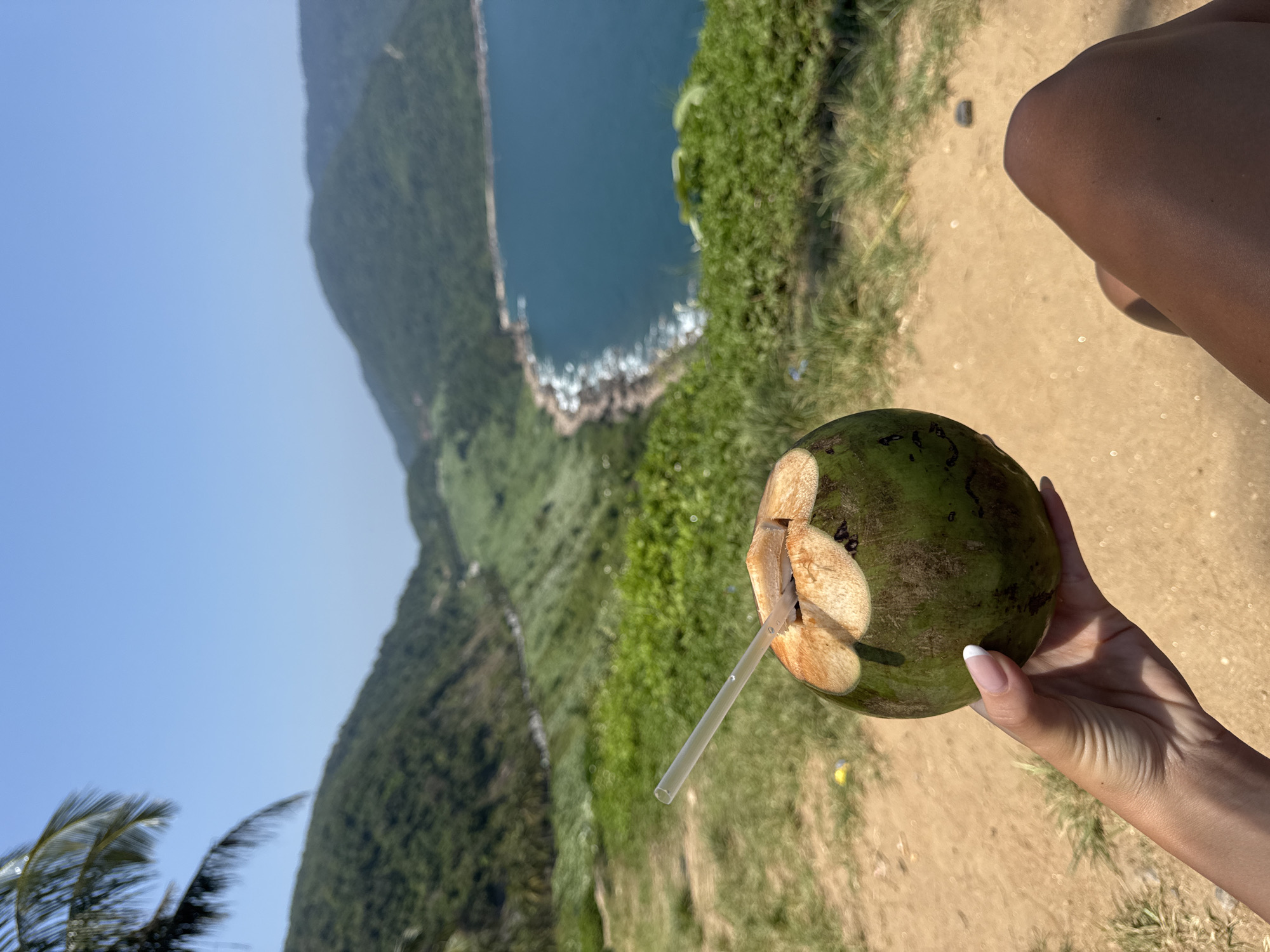The image shows a person holding a coconut with a straw, with a scenic view in the background. The view includes a mountain covered in greenery, and a body of water with a rocky coastline. The location is likely in or near the city of Đà Nẵng, Vietnam. The foreground also shows sand and grass.