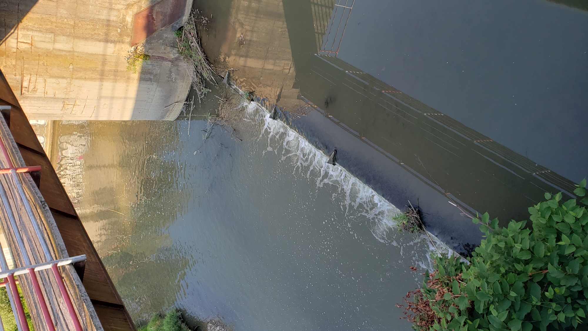 The image shows a view from above, looking down at a narrow river or stream flowing under a bridge. The water is murky and there is a small waterfall or spillway in the middle of the stream. The bridge appears to be made of wood and metal. On the right side of the image, there is a concrete structure which appears to be part of a dam or other water control mechanism. There is also a metal grate visible in the water. In the foreground on the left, there are green bushes and some dry, brown vegetation. The scene is set in an urban environment, likely in the city of Prešov, Slovakia, as indicated by the presence of the bridge and concrete structure, common features in such urban waterways. There are no people visible in the image.