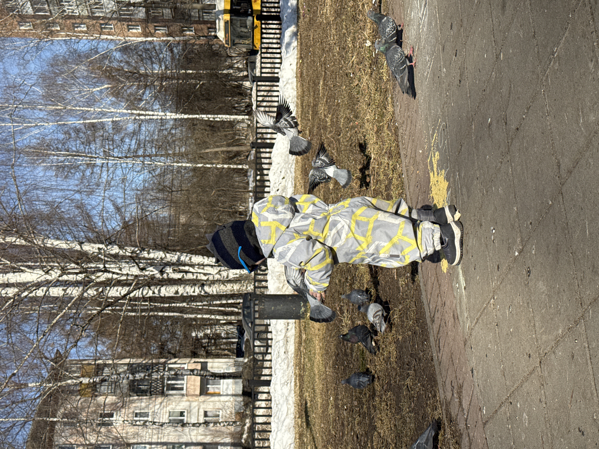 A child, wearing a gray and yellow patterned snowsuit and a dark blue striped hat, is standing on a sidewalk. He is holding out his hand, feeding pigeons. Several pigeons are on the ground around him, some eating and some taking flight. To the left, behind the child, is a black metal fence and beyond that are bare trees and apartment buildings. Patches of snow are visible on the grass near the fence. The photograph was taken in Izhevsk, Russia.