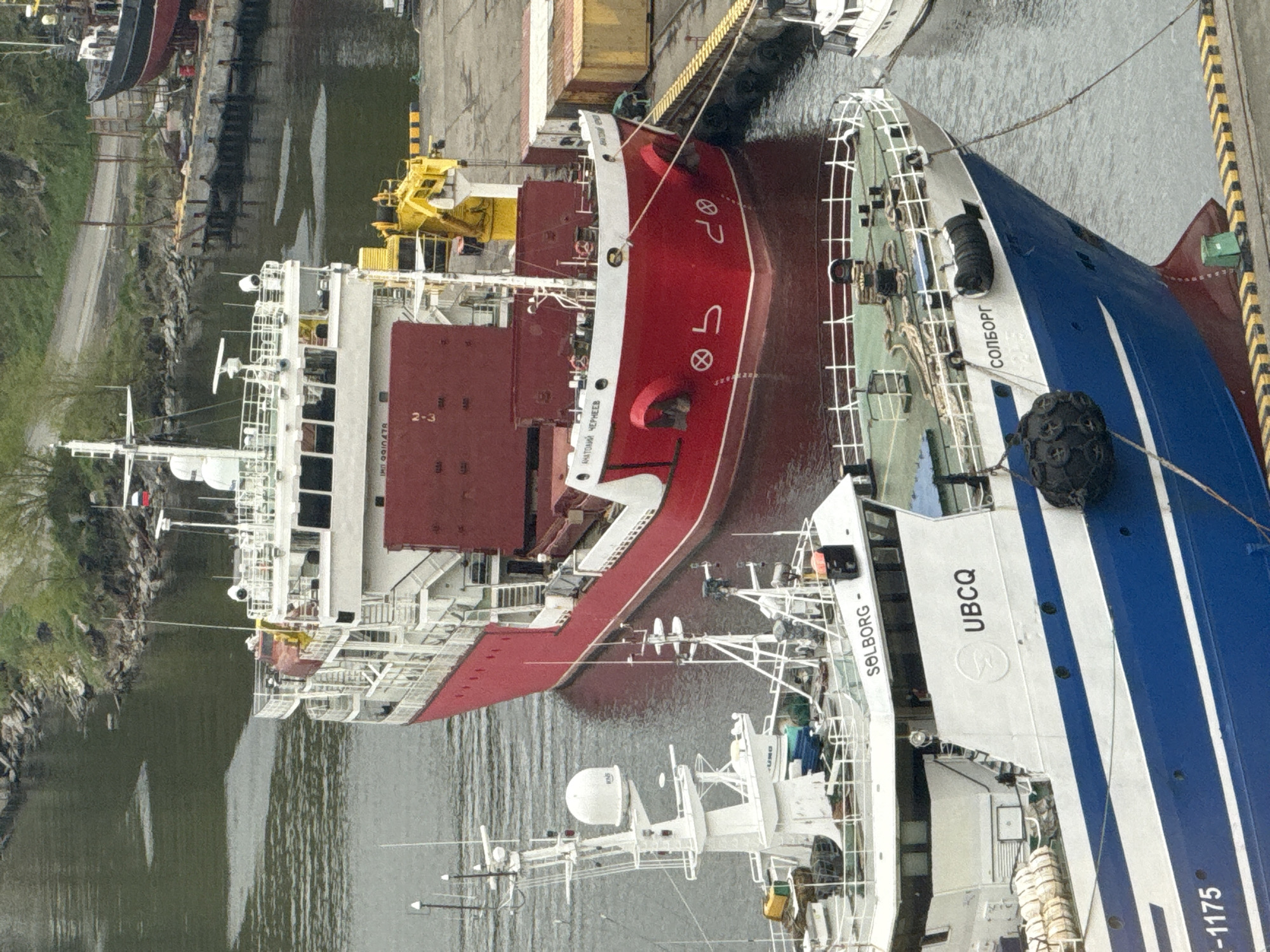 In the city of Unknown, Unknown, an aerial perspective captures a busy port scene with several vessels docked. In the foreground, a blue and white fishing trawler, identified by "SØLBORG" and "UBCQ" on its hull, is prominently featured. Its bow is slightly angled towards the viewer, and a large black fender hangs from its side. Behind this trawler, a larger red and white cargo ship is docked, with its bow visible. This ship is labeled with Cyrillic lettering, "АНАТОЛИЙ ЧЕРНЕЕВ." A yellow crane is attached to the cargo ship. Further in the background, the outline of another vessel, likely a cargo ship, is visible with a red hull. The water in the harbor is calm and reflects the overcast sky. The backdrop consists of a tree-lined embankment and a grey industrial dock area with stacked containers.