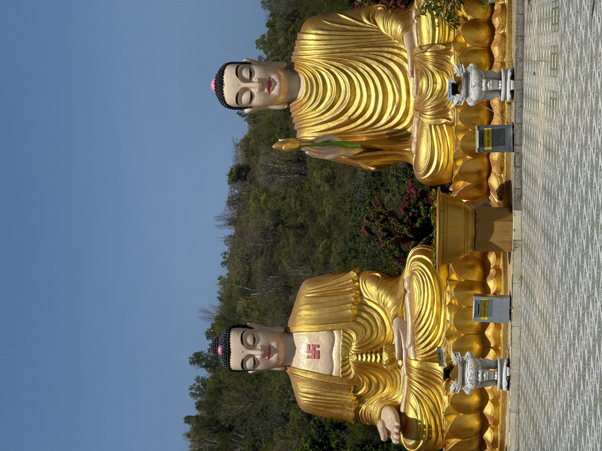 The image shows two large golden Buddha statues in a seated pose. One statue holds a lotus flower. The statues are situated outdoors, against a backdrop of green trees and a clear blue sky. The ground is tiled with a patterned pavement. The statues are located in the city of Bac Nha Trang Ward, Vietnam.