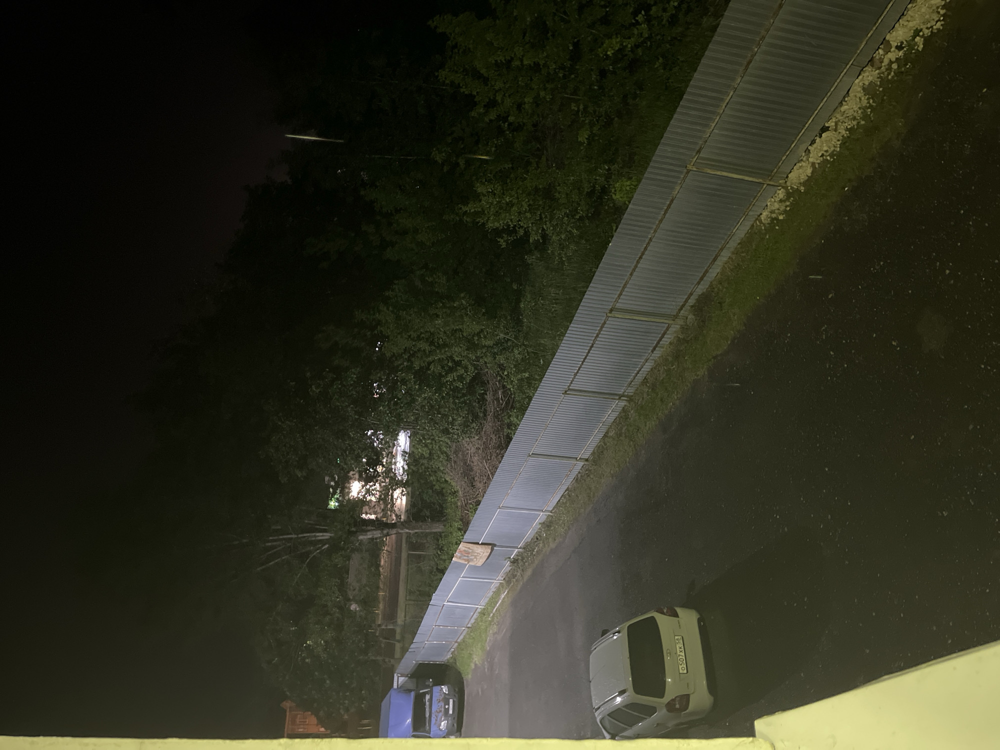 The image depicts an outdoor scene at night in an unknown city. A corrugated metal fence runs diagonally from the upper right to the lower left, separating a densely wooded area from a paved road. Two cars are parked along the road; one is light-colored and partially visible in the lower right, and the other is dark-colored and partially visible in the lower left. The area above the trees is dark, suggesting nighttime. A light source can be seen through the trees in the middle of the image. The pavement appears wet.