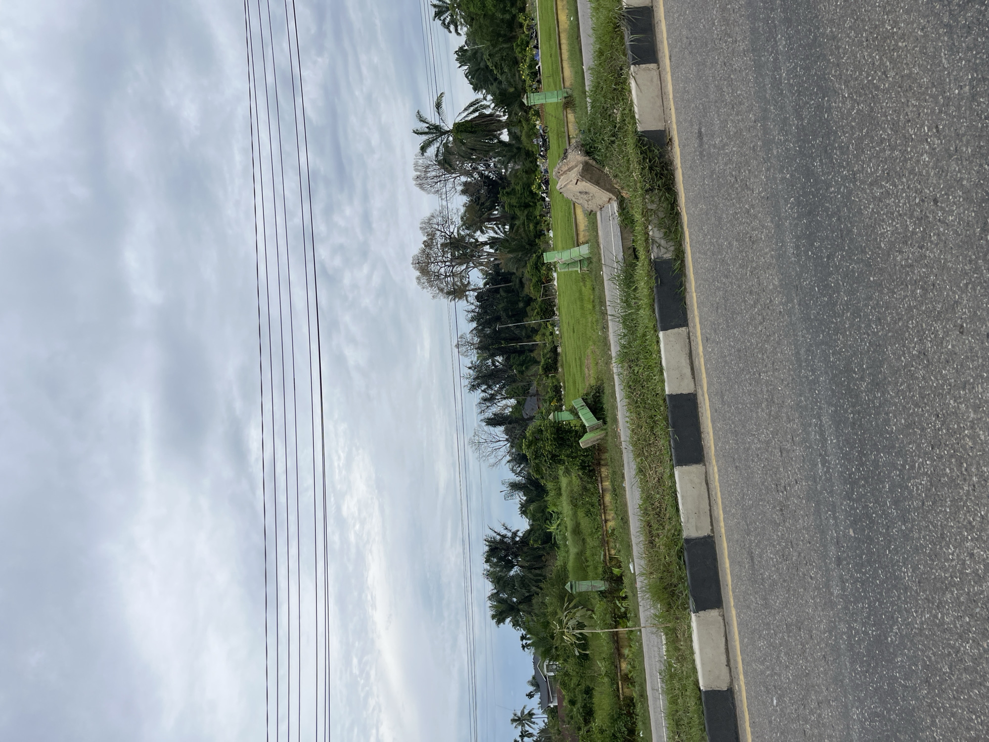 This media file depicts an outdoor scene in Tanahterban, Indonesia. The image is oriented vertically, showing a road on the right and a grassy area with trees and power lines on the left. The road appears to be asphalt and has a black and white striped curb with a yellow line. The grassy area is lined with a low barrier and features several green benches, suggesting a public space or park. Lush green vegetation, including palm trees and other tropical foliage, dominates the left side of the image. Power lines are strung across the sky. The sky is overcast with diffused light, indicating a cloudy day. A concrete block lies on the grass near the curb. The overall impression is of a serene, slightly overcast day in a tropical environment. There is no visible text in the image. The scene is devoid of people or animals, focusing solely on the landscape and infrastructure.