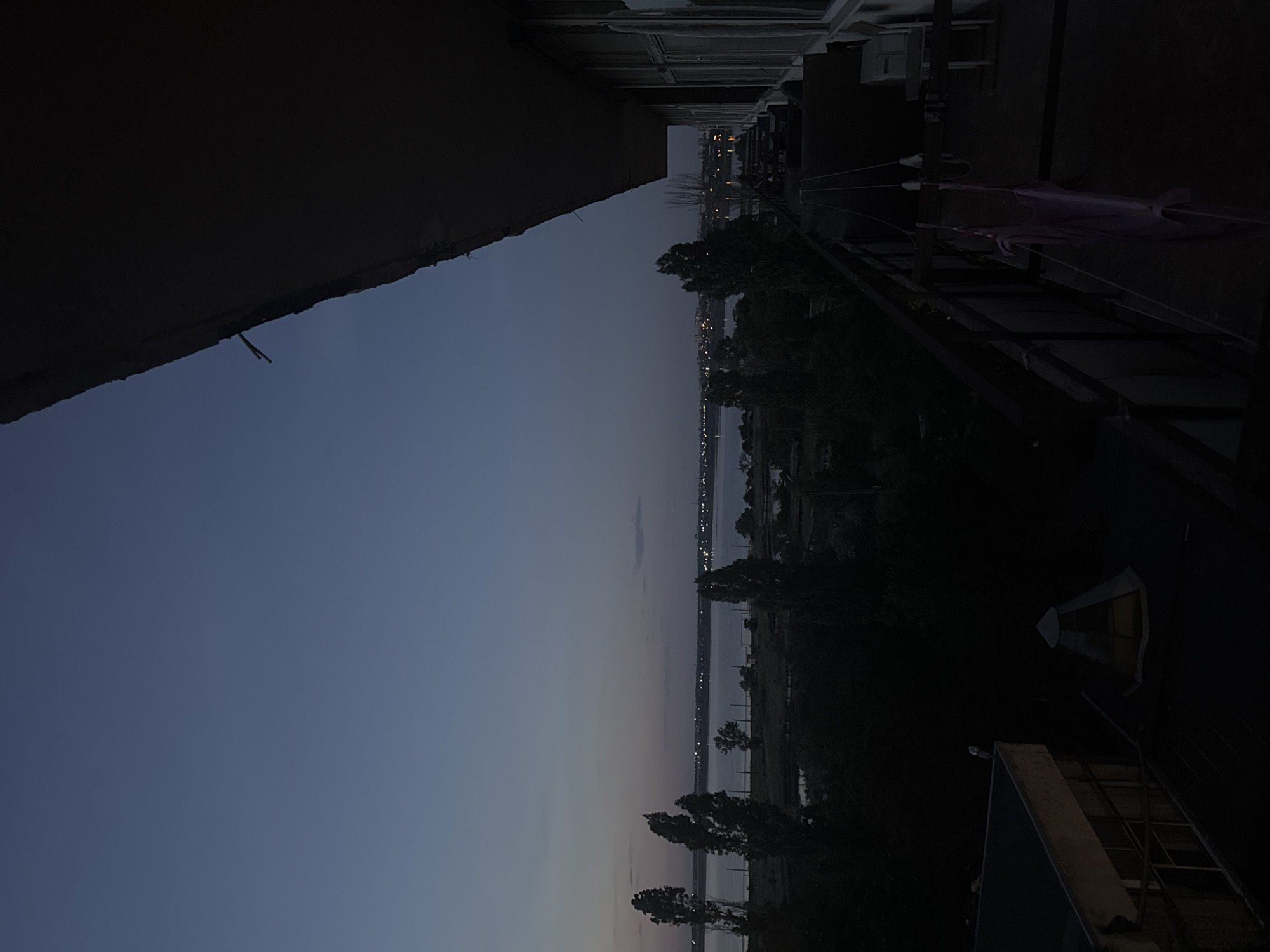 This image captures a dusky twilight view from a balcony overlooking a body of water, likely the Black Sea, in Odesa, Ukraine. The sky is a deep gradient of blues and purples, transitioning into lighter shades near the horizon where faint city lights twinkle. Silhouetted trees and vegetation line the distant shore, suggesting a coastal or riverside setting.
In the foreground, to the right, a portion of a balcony or building exterior is visible. A dark, angular structure dominates the left side of the frame, possibly an overhang or part of a building. Further into the scene on the right, a purple, vaguely bat-shaped object hangs from a wire, with another similar object visible behind it. Below these, a dark, tiered structure with a metal railing is present, along with a small, illuminated triangular structure.
The overall atmosphere is serene and quiet, indicative of the transition from day to night. The lighting suggests it is late evening or early morning. No people are visible in the image. The scene is likely residential, given the balcony perspective. There is no visible text in the image.