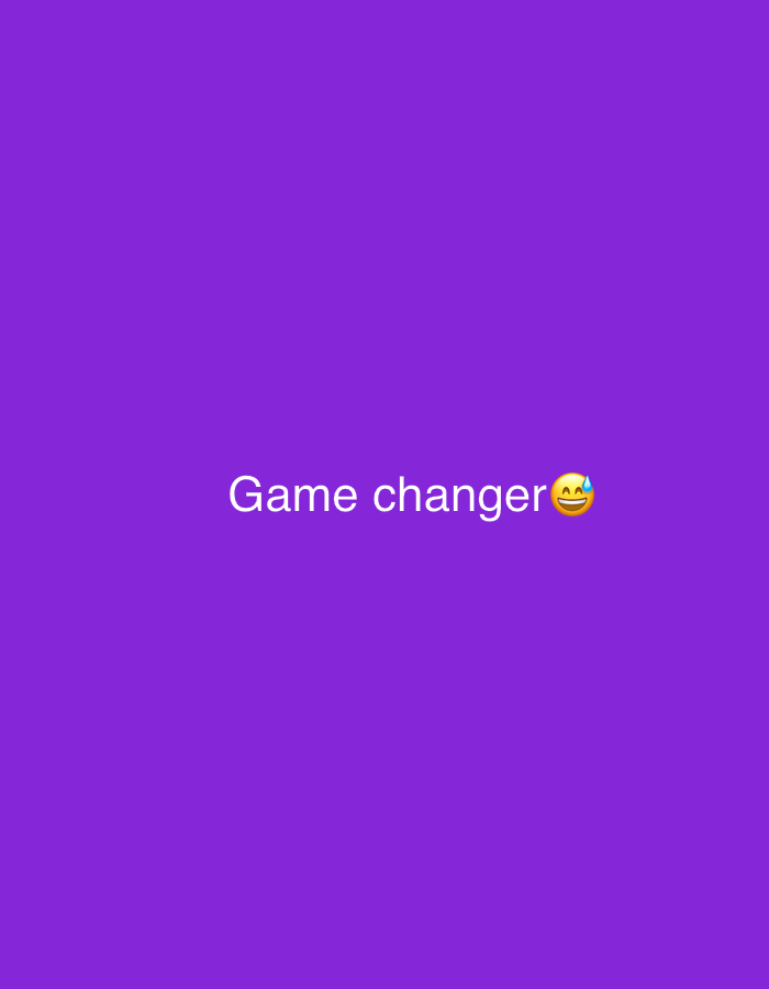 The image is a solid purple background with the white text "Game changer" centered horizontally. To the right of the text is a smiling emoji with sweat droplets, indicating excitement or relief. There are no people, objects, or environmental details visible in the image. The location of Lobosh, Bulgaria, is not relevant to the content of this image.
