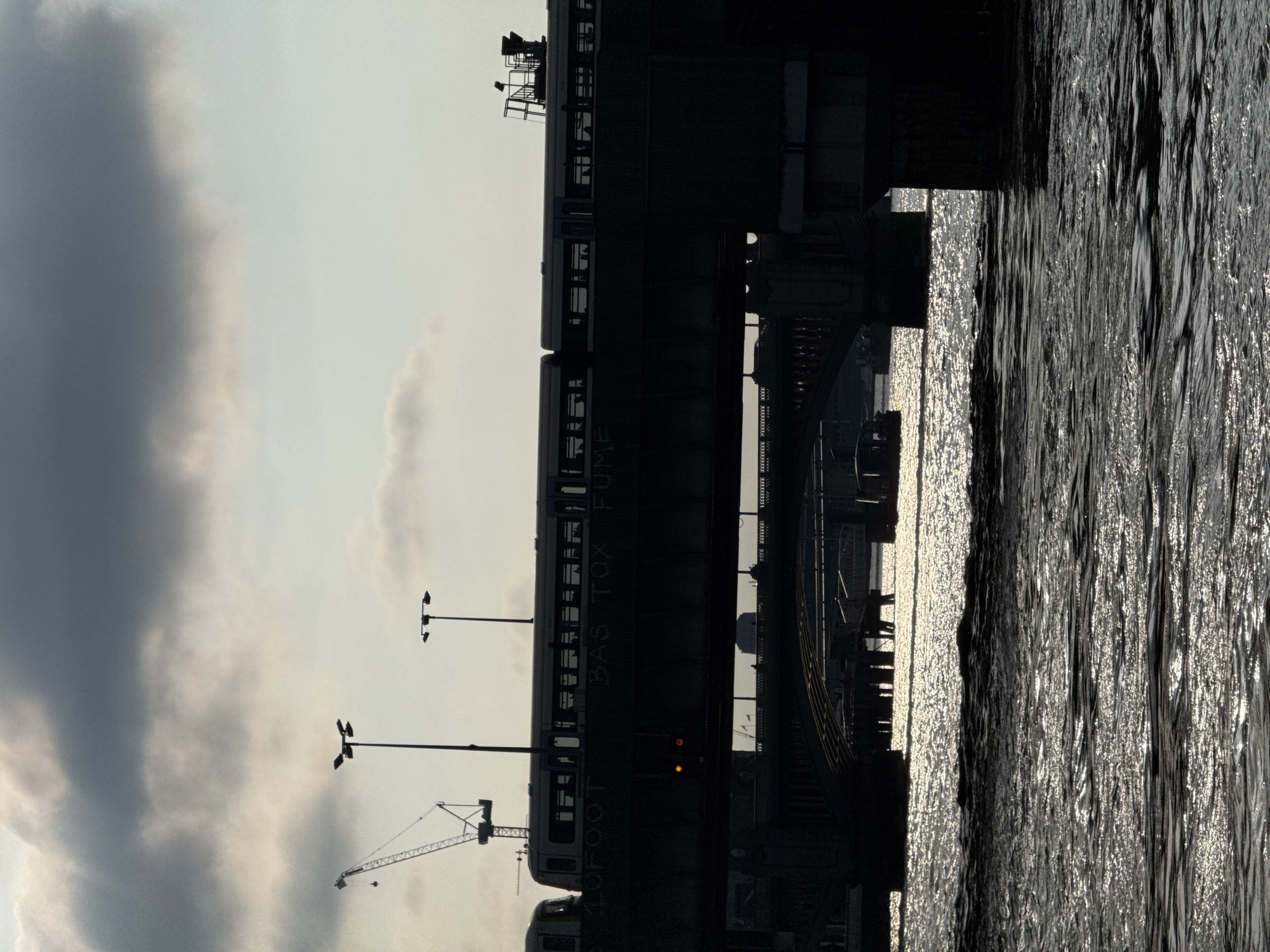 A train on a bridge in the city of London, United Kingdom. The river Thames is to the right of the bridge. The train reads "FOOT BAS TOX FUT". In the sky there is a crane and utility poles. The sky is cloudy.