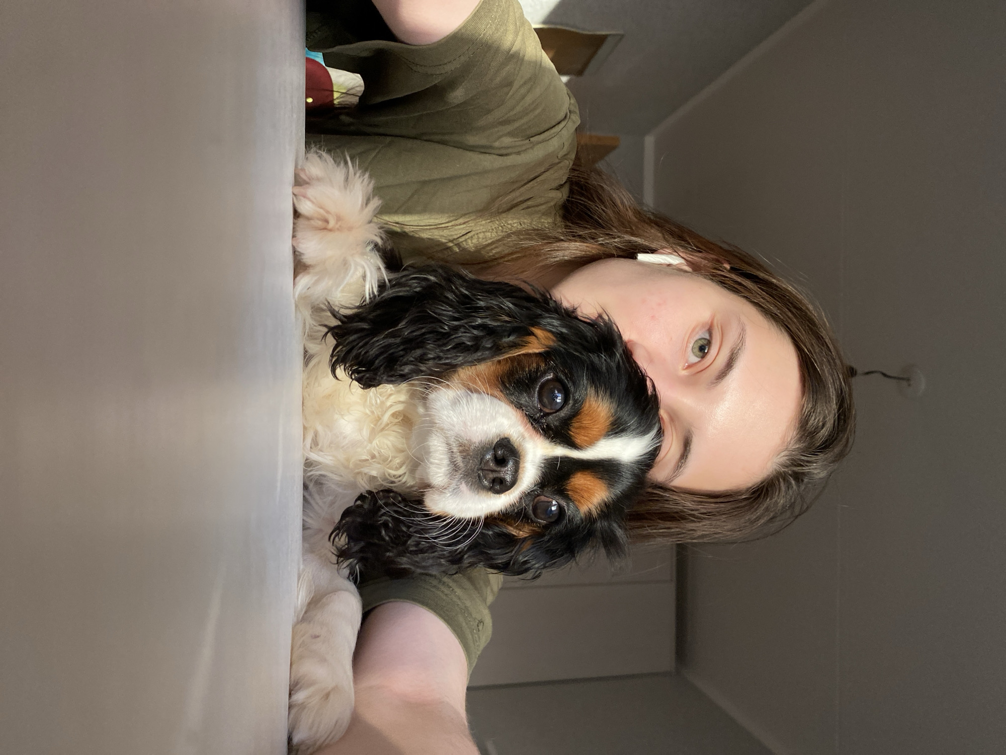 This close-up portrait, oriented sideways, features a person and a Cavalier King Charles Spaniel sharing a moment of quiet companionship indoors in Votkinsk, Russia. The person, whose face, shoulder, and arm are visible, has long dark brown hair and is wearing a green short-sleeved shirt. They have a white wireless earbud in their right ear. Their expression is neutral, and they look towards the camera with light-colored eyes.
The tricolor Cavalier King Charles Spaniel, with black, white, and tan markings, is positioned close to the person, resting its head. The dog's large, dark eyes are fixed on the viewer, giving it an attentive and gentle appearance. Its fur appears soft and slightly wavy.
Both subjects are situated against a light-colored surface, possibly a bed or a couch, which occupies the left side of the frame. In the background, a darker wall or room interior is visible, with hints of indirect light creating subtle shadows. The lighting suggests it is daytime, with natural light illuminating the subjects and casting soft highlights. There is no visible text in the image. The overall scene conveys a sense of warmth and affection between the person and their pet.