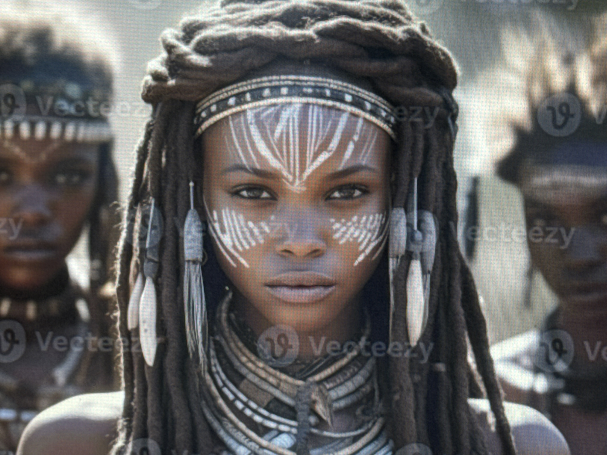 The image is a close-up, waist-up portrait of a young Black woman with dark, tightly braided dreadlocks adorned with white and metallic beads and pendants. She is wearing a beaded headband and multiple layered necklaces made of dark beads and possibly bone or wood. Her face is painted with intricate white markings, including lines radiating from her forehead and cheeks, and dots around her eyes. Her expression is serious and direct. Two other individuals are partially visible in the background, their faces blurred. The left individual is also adorned with similar facial markings and headwear. The right individual's face is largely out of focus. The lighting is soft, suggesting an outdoor setting. The image appears to be digitally rendered or heavily edited, given the slight pixelation and the presence of watermarks. The scene is set in an outdoor environment, with a blurred, neutral background that does not provide specific locational details.