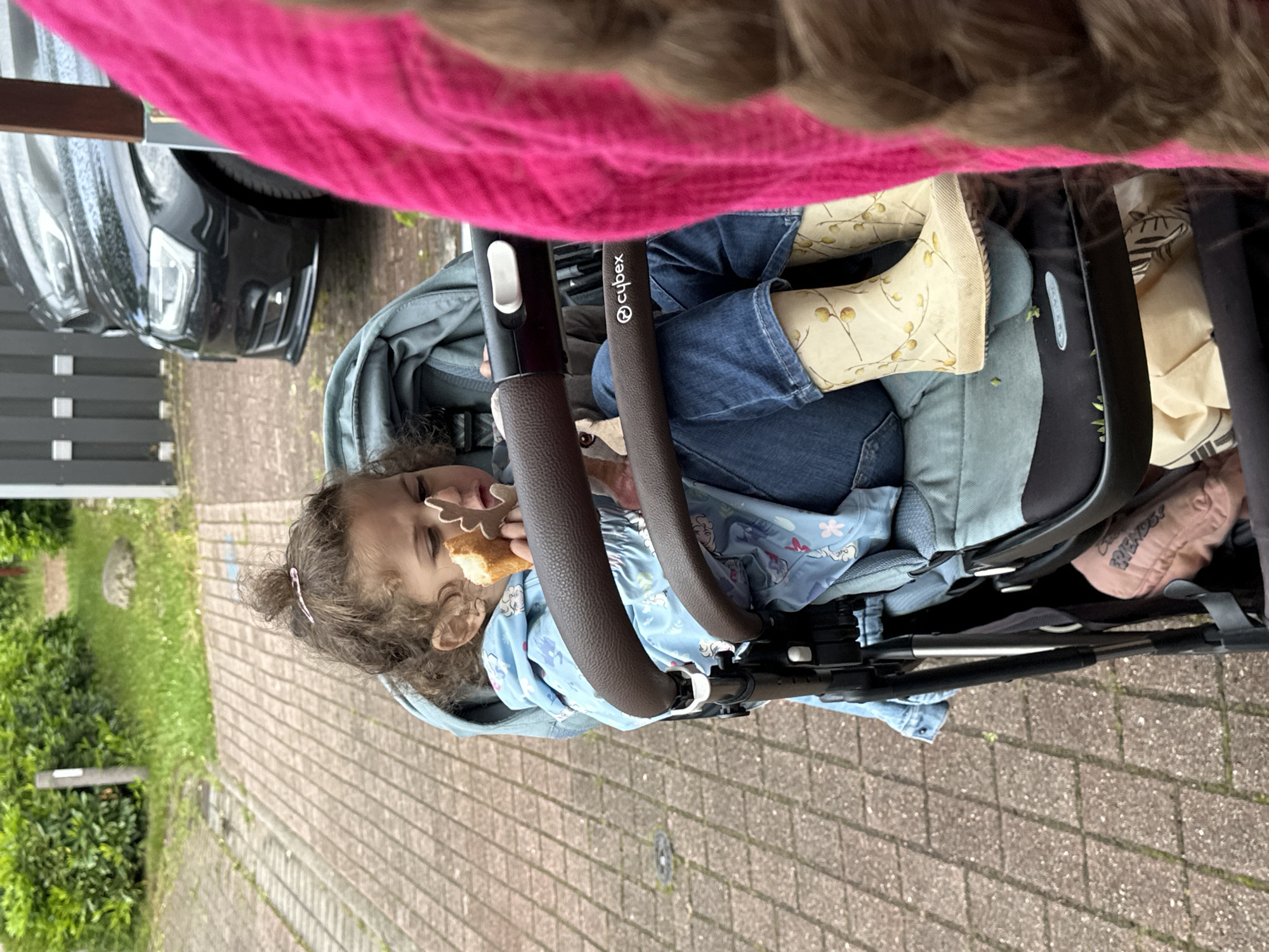 The image captures a young child in a Cybex stroller on a paved walkway in Deinste, Germany. The child, with curly brown hair partially tied up with a small pink clip, is wearing a light blue hooded jacket with a white pattern, blue denim jeans, and light yellow rain boots decorated with a subtle pattern of brown branches and yellow berries. The child holds a piece of light-colored bread or pastry in their right hand, bringing it towards their mouth, and a small, brown, deer-shaped toy in their left hand. The "Cybex" logo is visible on the stroller's brown handlebar. Small green debris is scattered on the stroller's footrest. Beneath the seat, a pink garment with the word "FRIENDS" and a brown paper bag are stored. To the right of the frame, a blurred section of a person is visible, characterized by a vibrant pink textured garment and brown braided hair. The background features a brick-paved path, a strip of green grass, dense green bushes, and a dark fence. Behind the fence, a black sedan is parked or moving slowly, with its front bumper and headlight area partially visible.