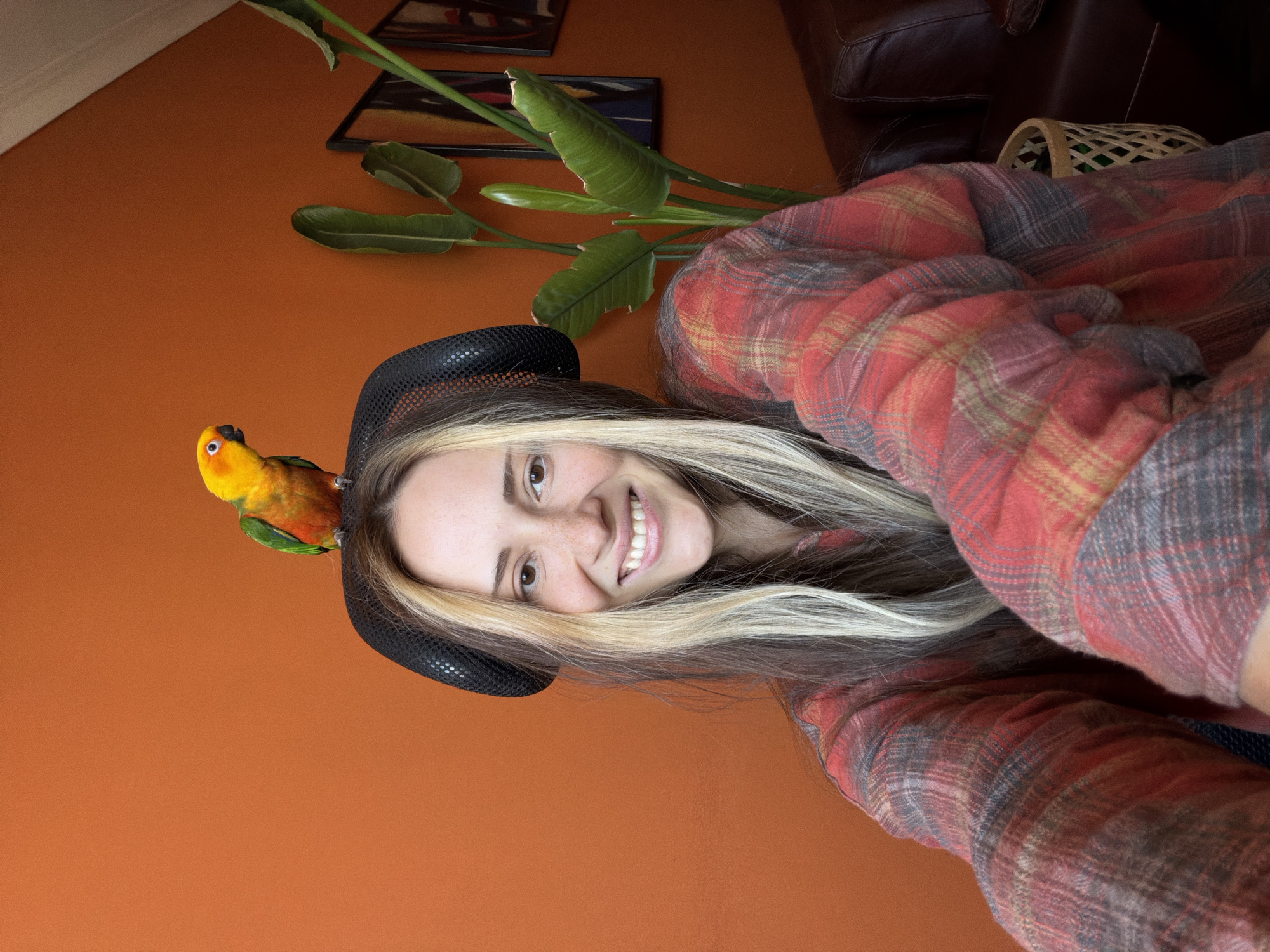 A young woman with long, multi-colored hair smiles at the camera. She is wearing a red and grey plaid shirt and has a black headset on her head. A small, colorful parrot, predominantly yellow and orange with green accents, is perched on top of the headset. The background is an orange wall with a large green plant to the right. The scene appears to be indoors.