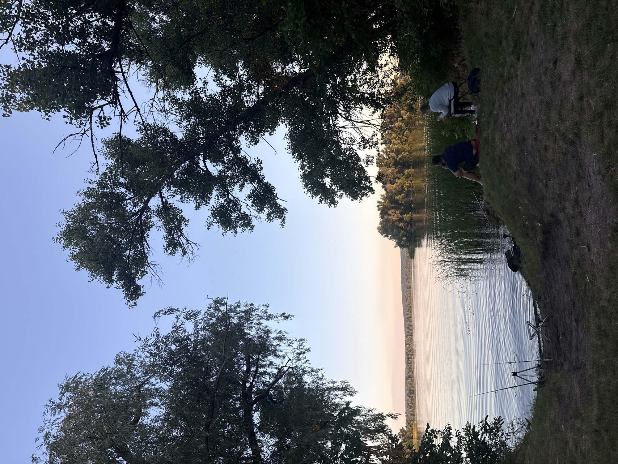 This is a wide-angle, eye-level, outdoor, full-shot photograph taken at dusk, likely near the city of Obukhivka, Ukraine, on the banks of a river or large body of water. The sky is a pale blue with a hint of pinkish-orange near the horizon, suggesting sunset. Tall, leafy trees frame the scene on the left and right, with their branches casting shadows and partially obscuring the sky.
In the foreground, a grassy bank slopes down towards the water. Two fishing rods are set up on the bank, their tips pointing towards the water. A small, collapsible stool is positioned near the water's edge.
Seated on the bank, facing the water, are two individuals. The person on the left, a male, is wearing a dark blue t-shirt and shorts, sitting with his back to the camera. The person on the right, a female, is wearing a light grey hooded sweatshirt and dark pants, sitting on the stool. They appear to be fishing or enjoying the view. A dark backpack is visible on the ground near the woman.
The water is calm with gentle ripples, reflecting the sky and the distant treeline. Reeds grow along the edge of the water in the middle ground. Across the water, a dense treeline forms the horizon, with a hazy, rolling landscape behind it. The overall mood is peaceful and serene.