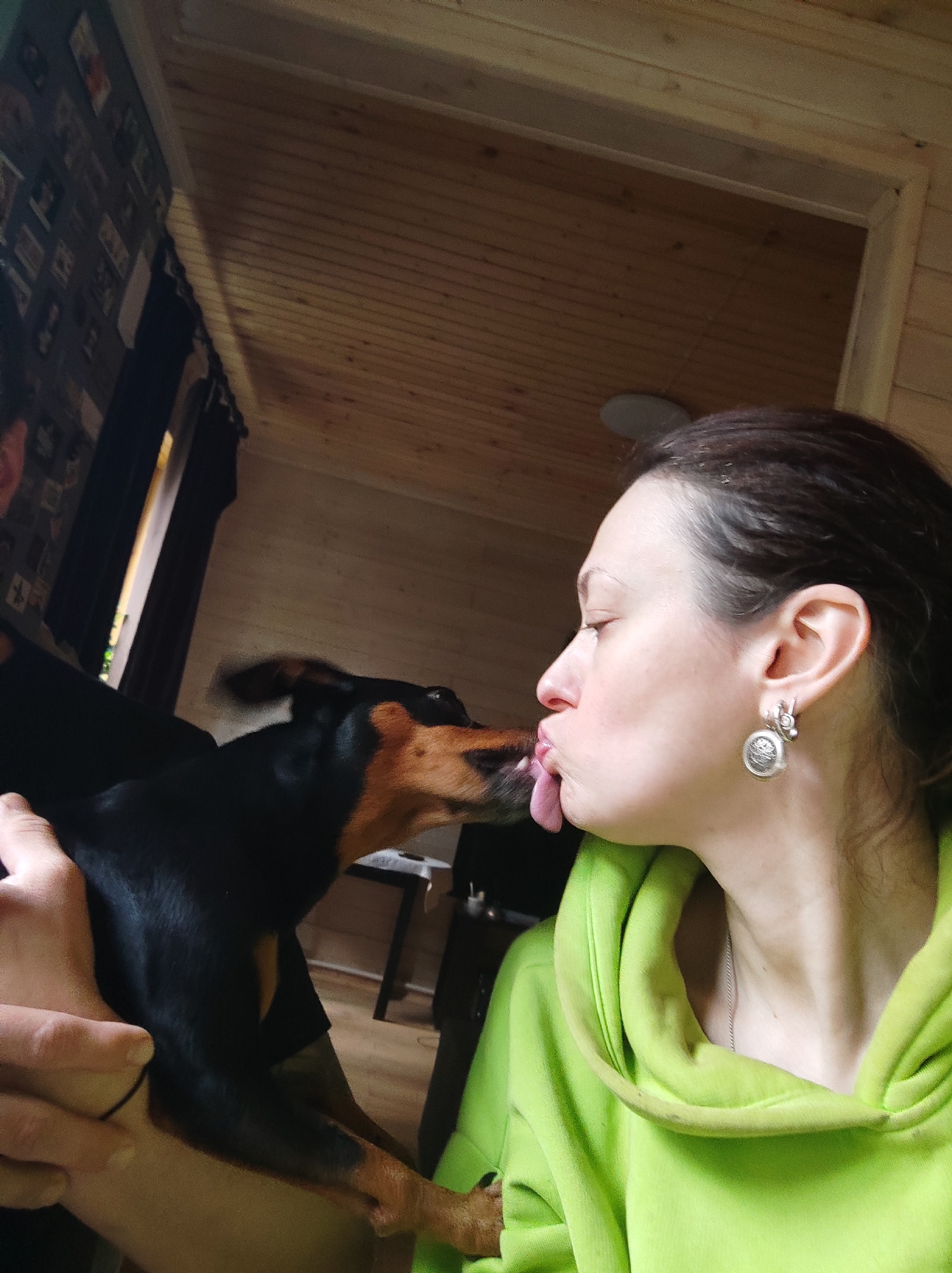 In a dimly lit room with wood-paneled walls and ceiling, a woman with dark hair is being licked on the cheek by a black and tan dog. The woman is wearing a bright green hoodie and a silver earring. The dog is in focus, with its tongue extended. The background includes a wall with framed pictures and a window. The scene appears to be indoors, potentially a rustic cabin or house.