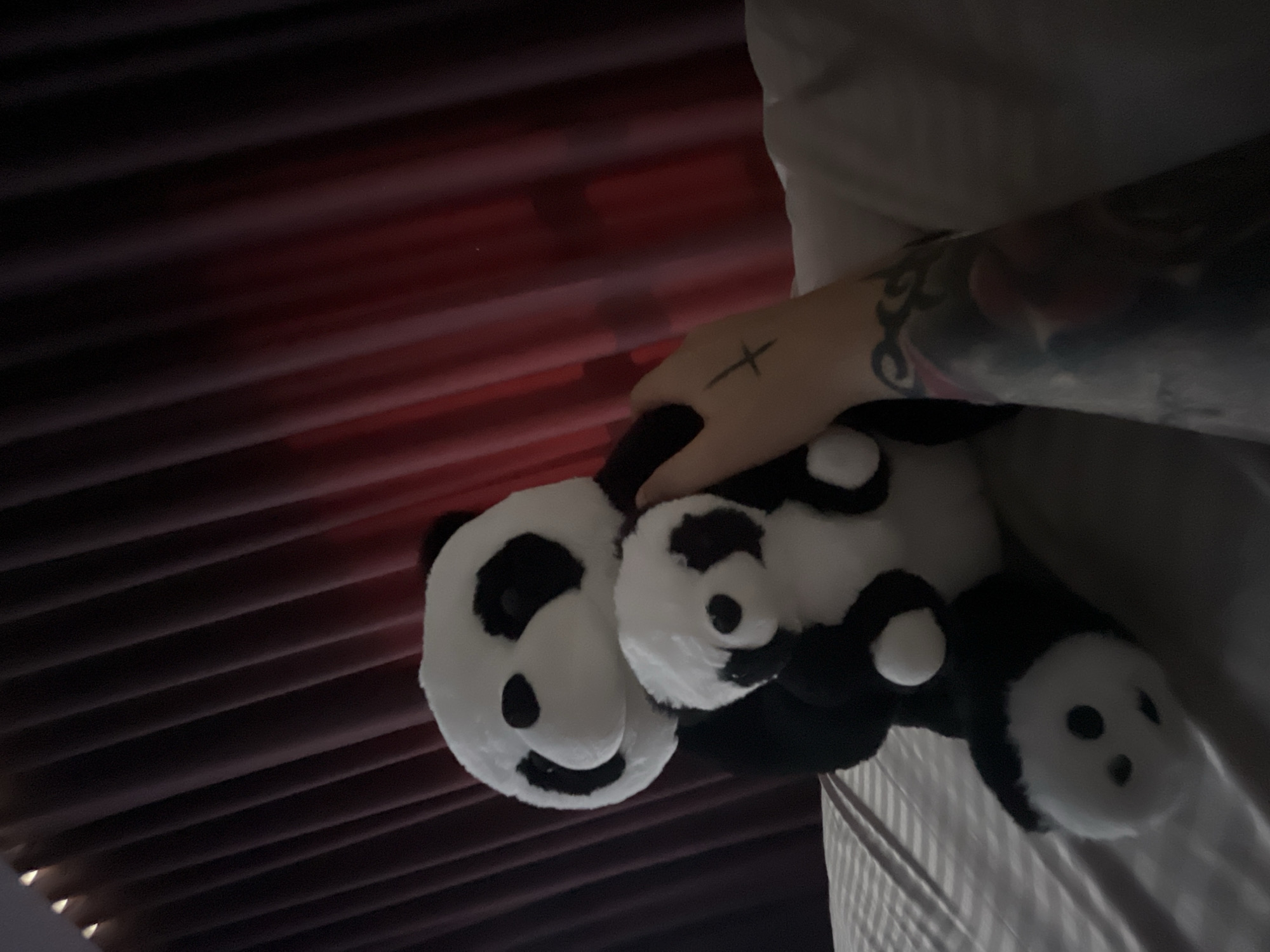 A person's tattooed arm is holding two plush panda toys. The larger panda is in the foreground, with a smaller panda resting in front of it. They are both positioned on a striped mattress. In the background, dark red curtains are visible. The scene is dimly lit, casting shadows on the subjects. The image appears to be a personal photograph taken indoors, possibly in a bedroom. No specific location in Varna, Bulgaria can be identified from the visual information provided.